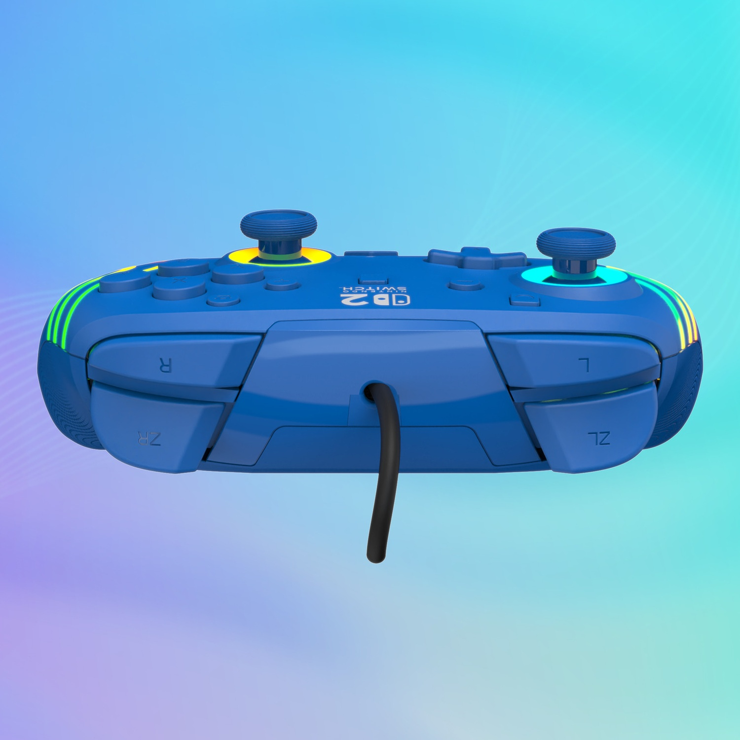 Une manette de jeu bleue avec des accents jaunes sur un dégradé de bleu à turquoise.