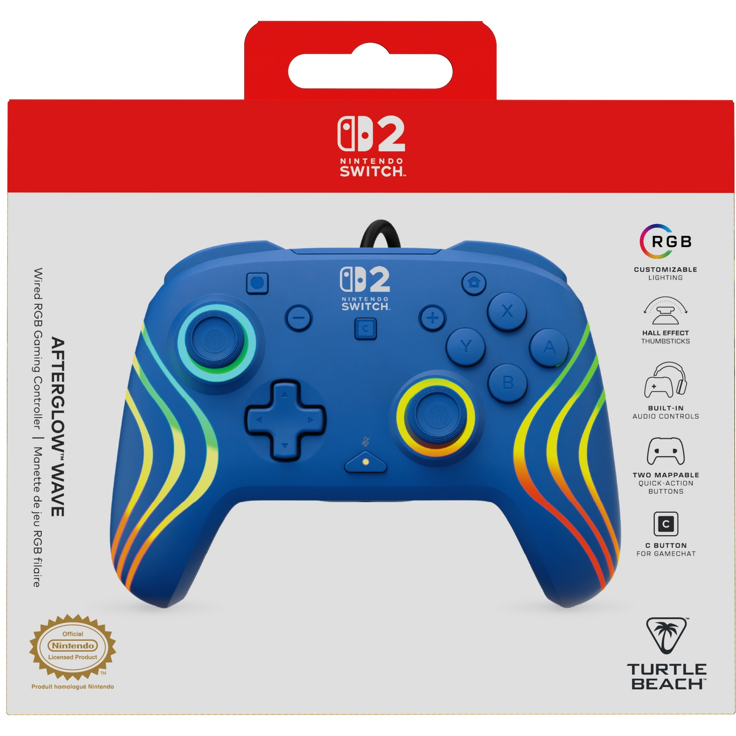Manette bleue Nintendo Switch avec design ondulé, éclairage RVB, sceau officiel Nintendo.
