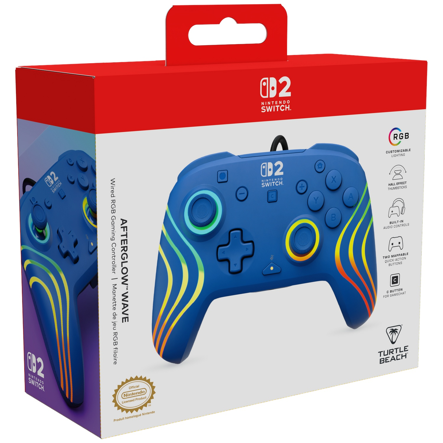 Manette bleue Nintendo Switch avec motif d'ondes RVB sur la boîte.