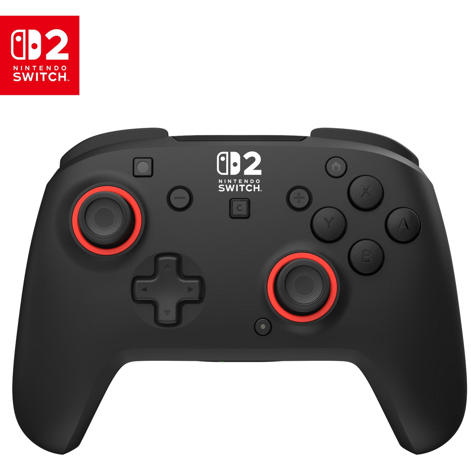 Manette noire Nintendo Switch avec accents rouges et logo.