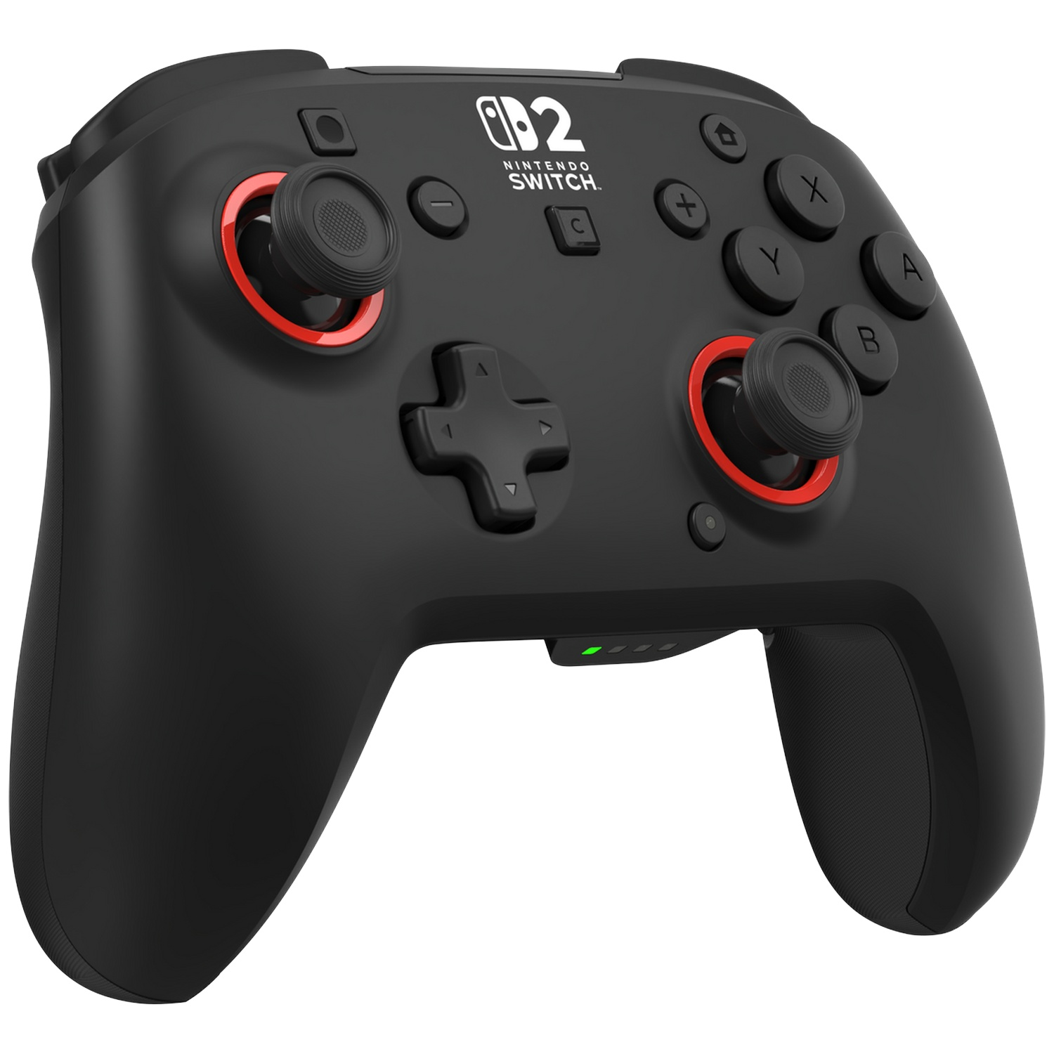 Manette noire Nintendo Switch avec accents et joysticks rouges.