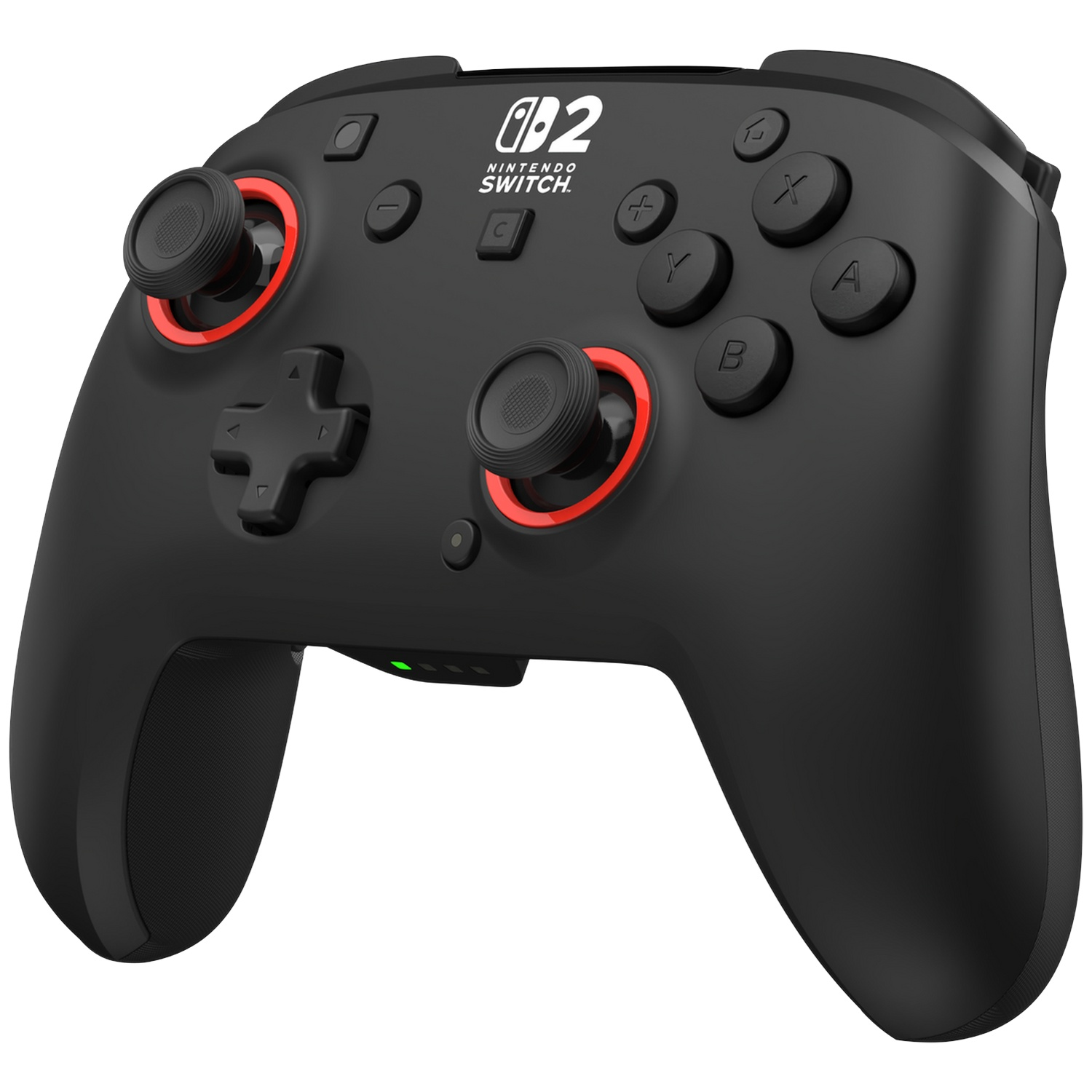 Une manette Pro Nintendo Switch noire avec des accents rouges et un indicateur de charge vert.