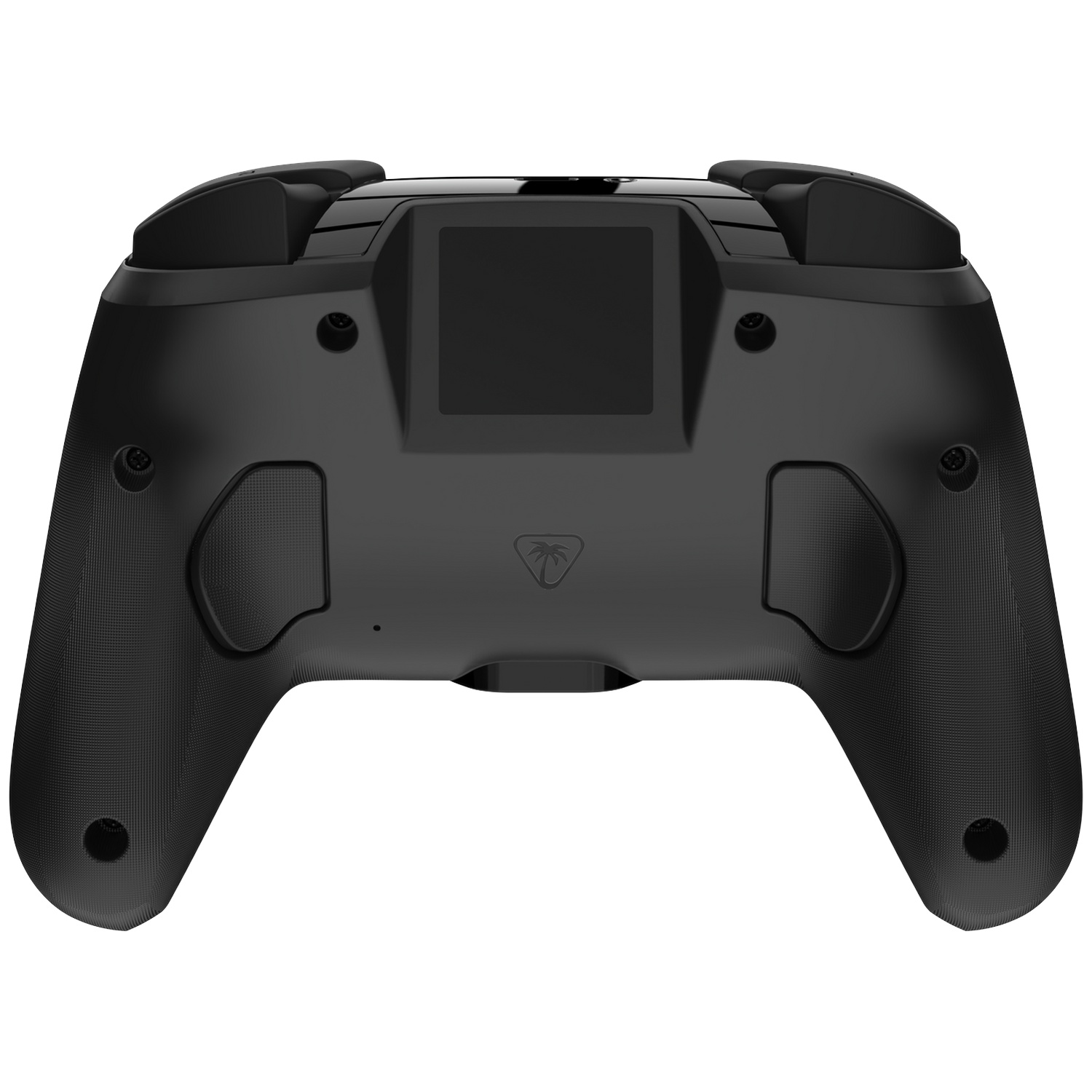 Manette de jeu noire vue de dos, avec un petit écran et des poignées.