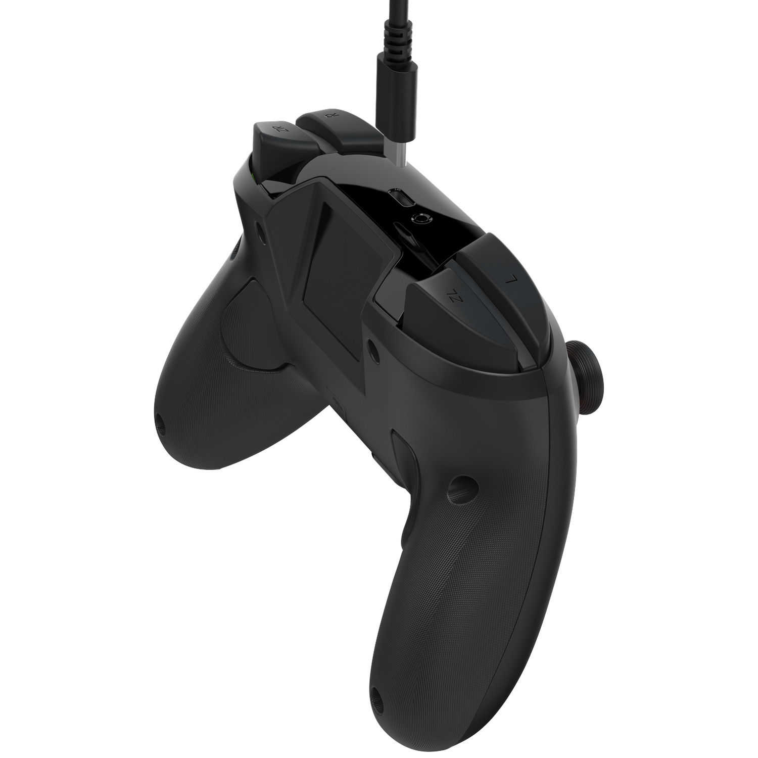 Manette de jeu noire avec câble, fond blanc.
