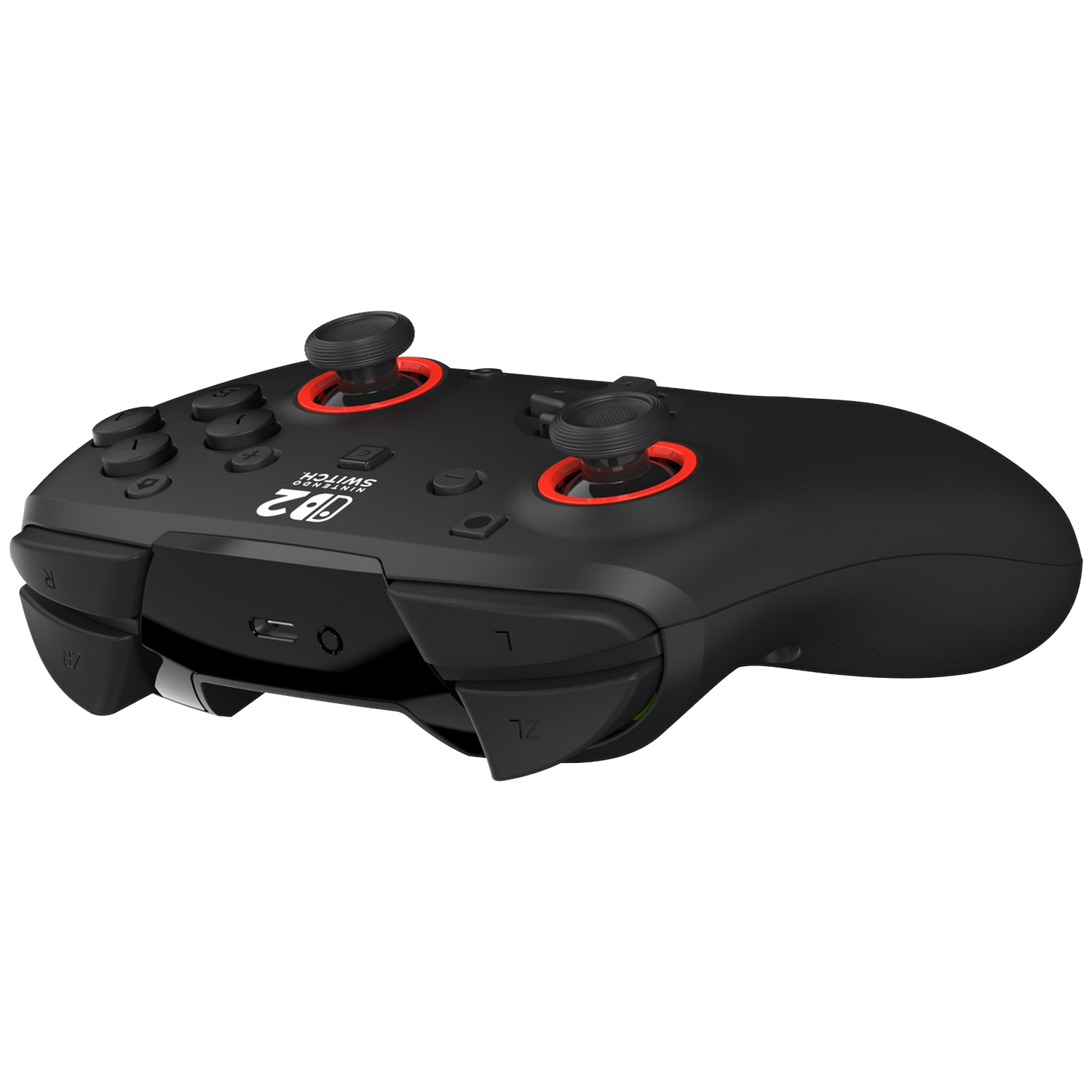 Une manette noire Nintendo Switch avec des accents rouges et deux joysticks.