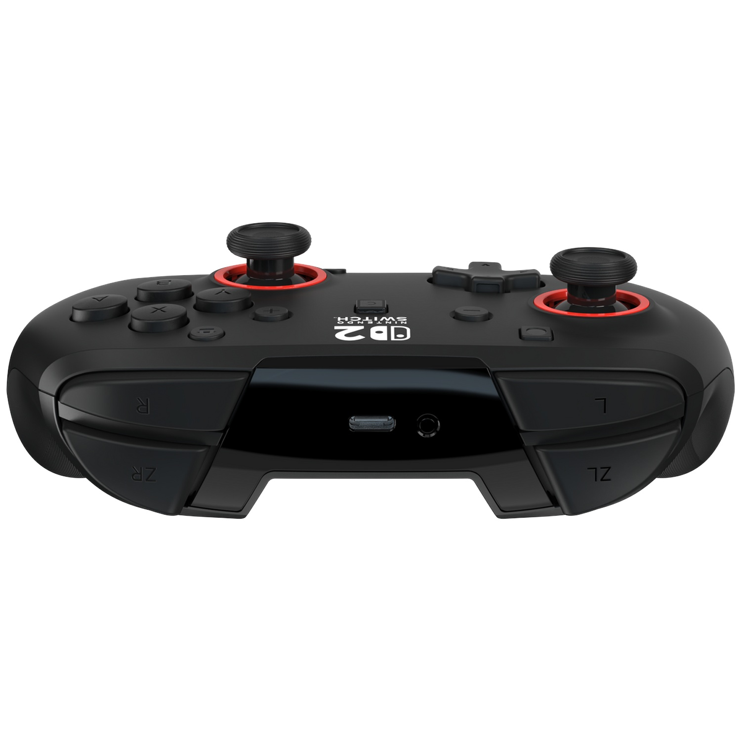 Manette noire Nintendo Switch avec accents rouges et deux joysticks.
