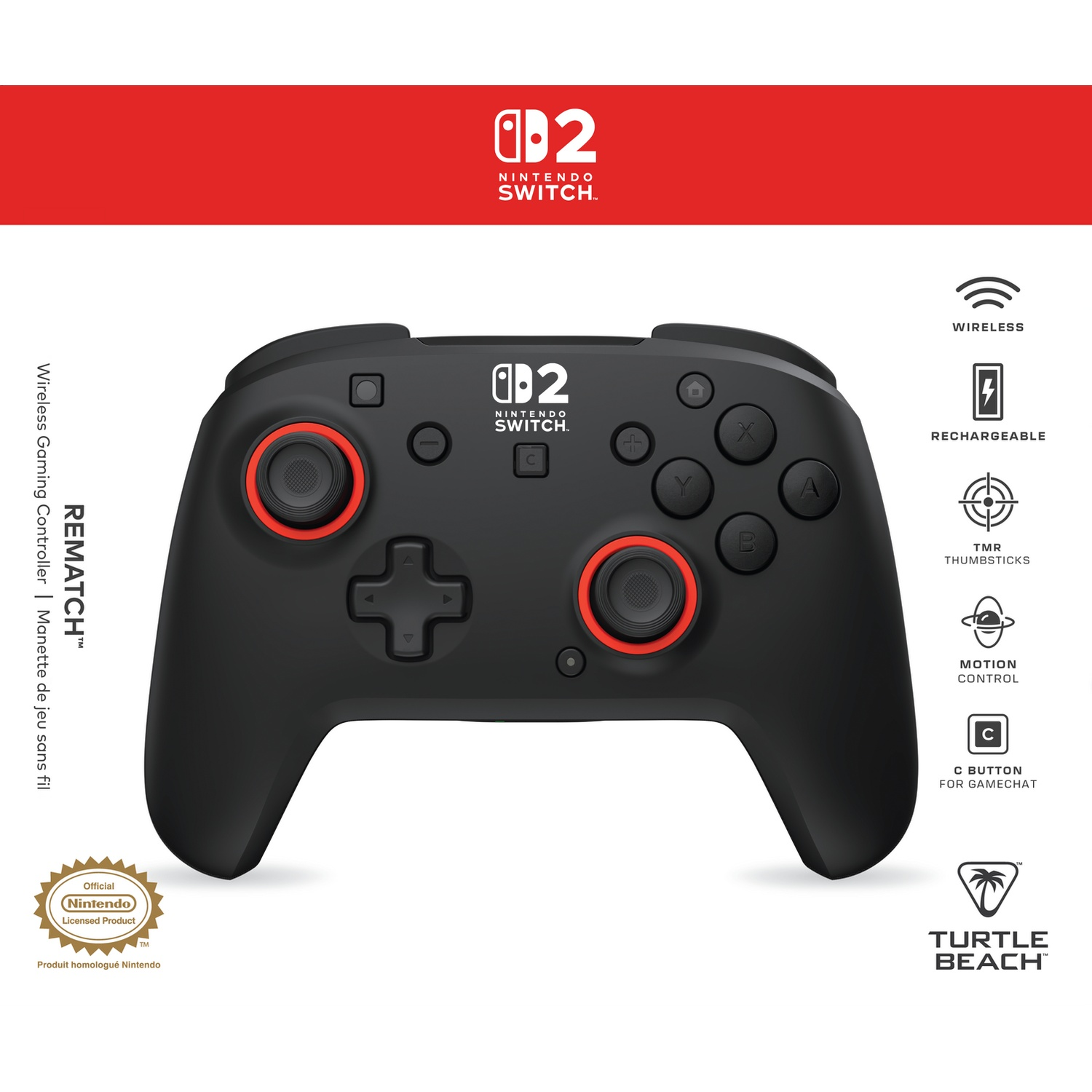 Manette noire Nintendo Switch avec accents rouges. Produit sous licence officielle.