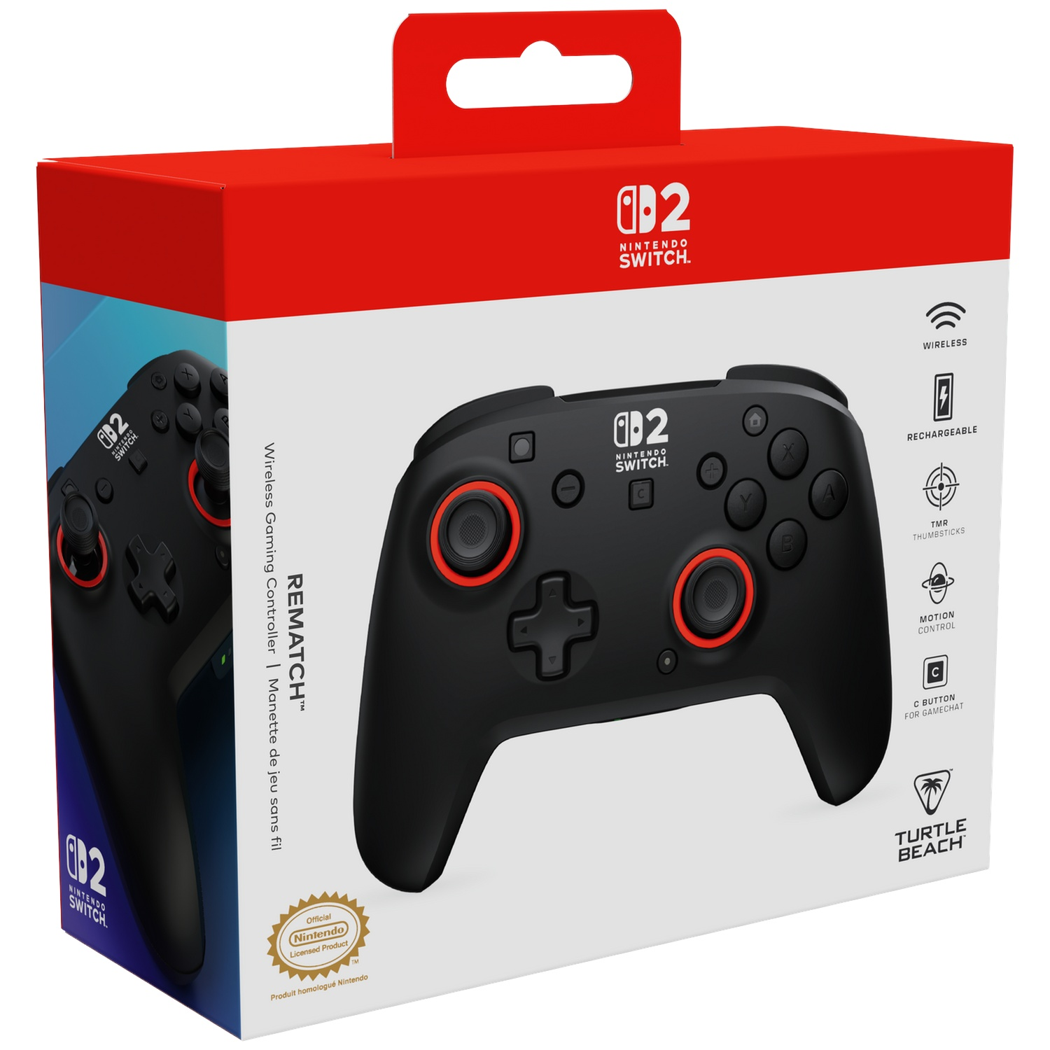 Boîte d'une manette noire Nintendo Switch avec accents rouges.