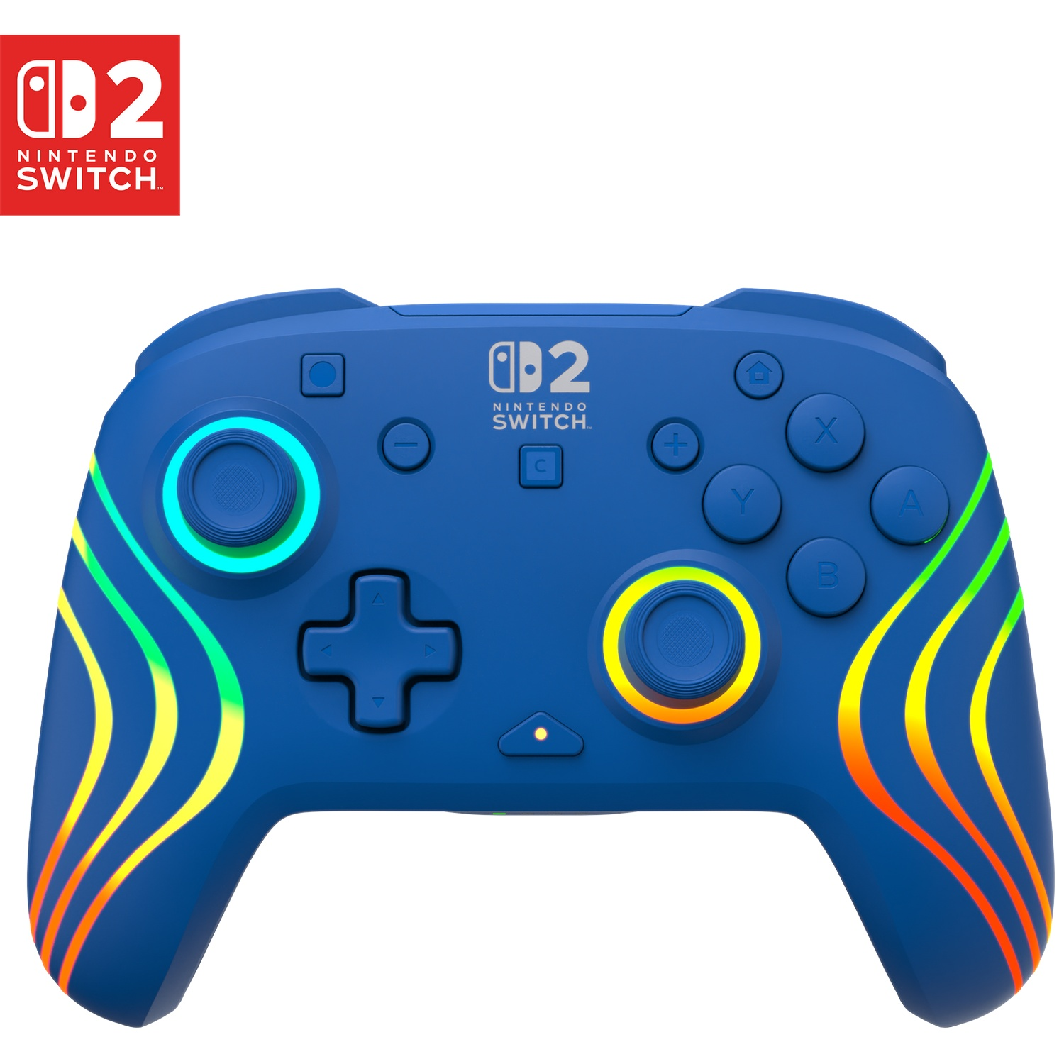 Manette bleue Nintendo Switch avec lignes ondulées colorées et anneau lumineux.