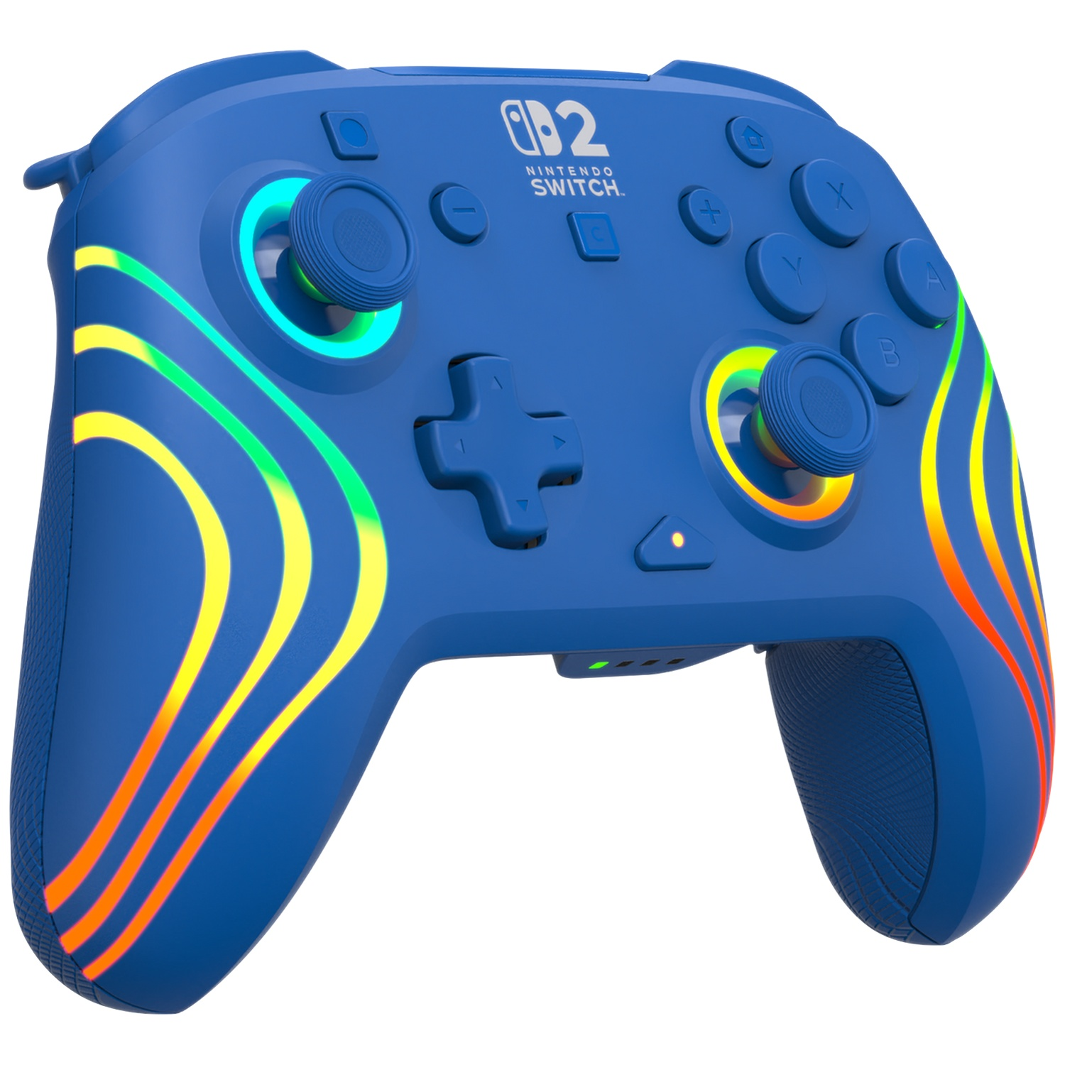 Une manette bleue Nintendo Switch avec des rayures arc-en-ciel colorées et des accents lumineux.