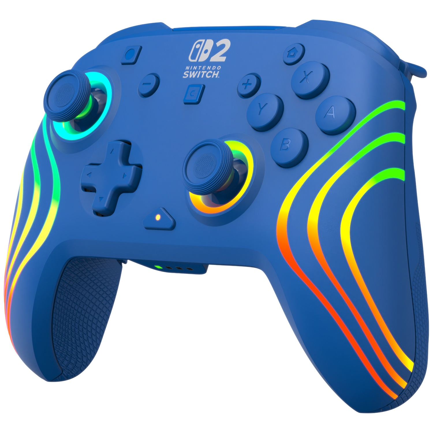 Une manette bleue Nintendo Switch avec des lumières colorées. Elle a des joysticks et des boutons.
