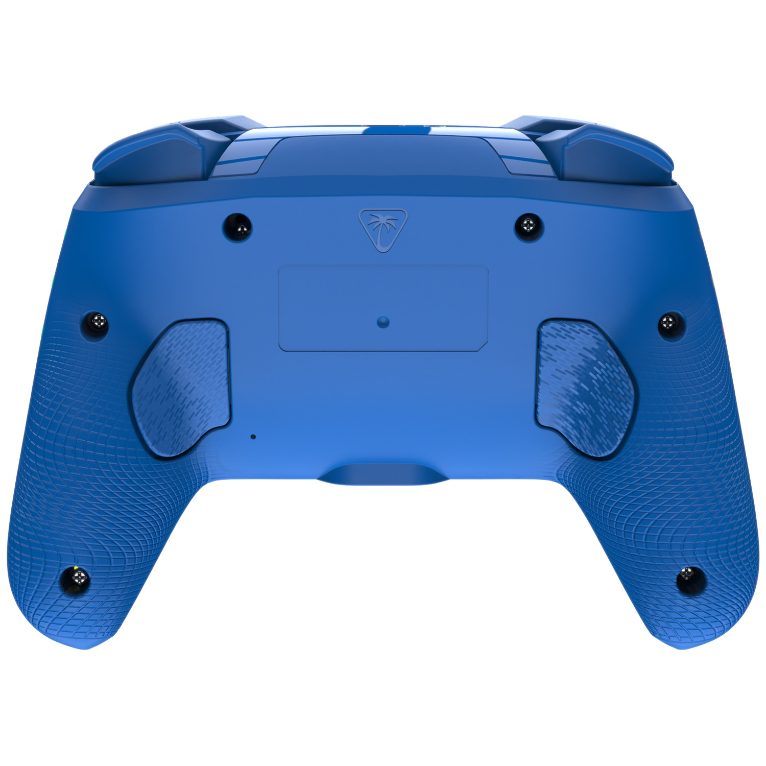 Vue arrière d'une manette bleue avec poignées texturées et boutons.