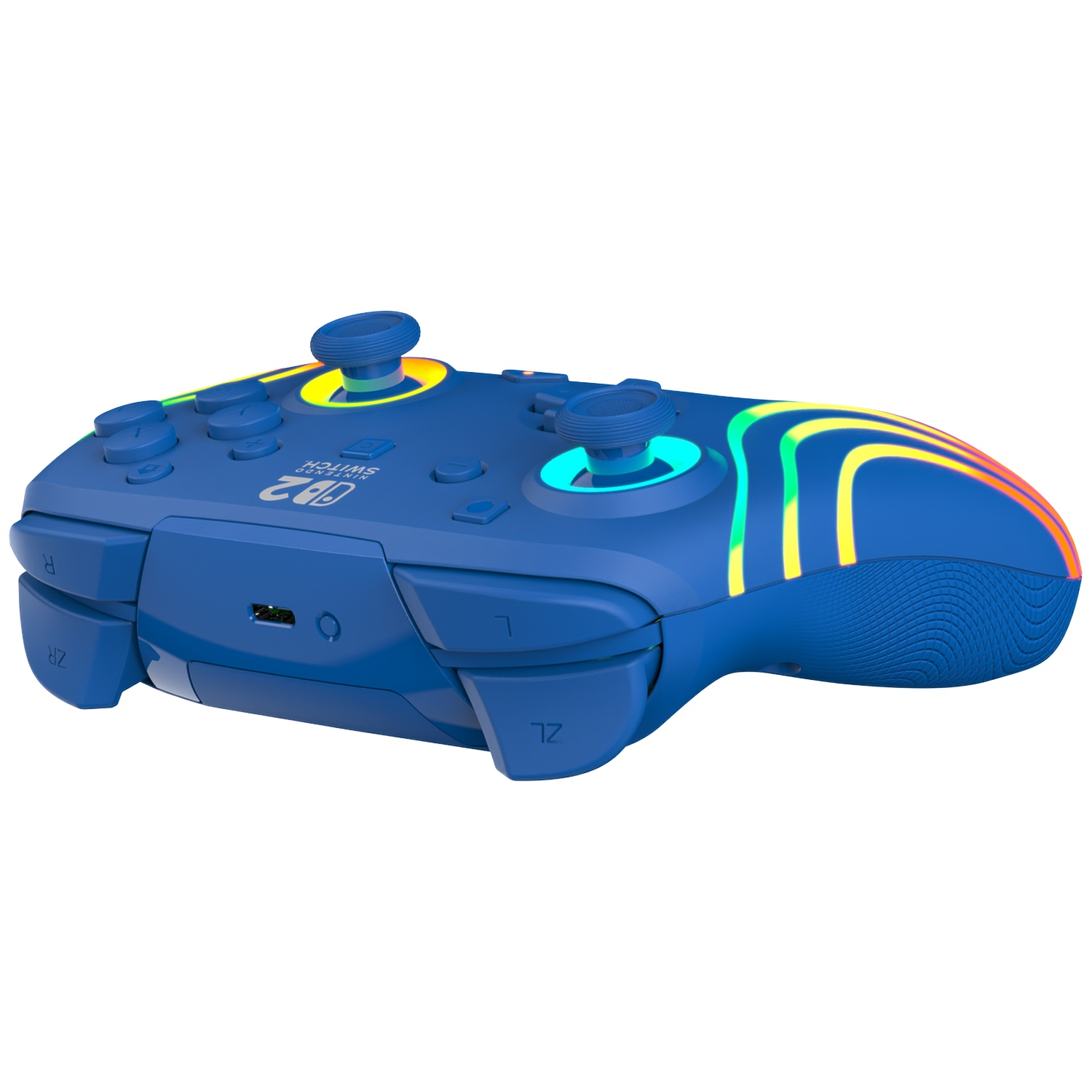 Une manette bleue Nintendo Switch avec des rayures arc-en-ciel colorées et des boutons lumineux.
