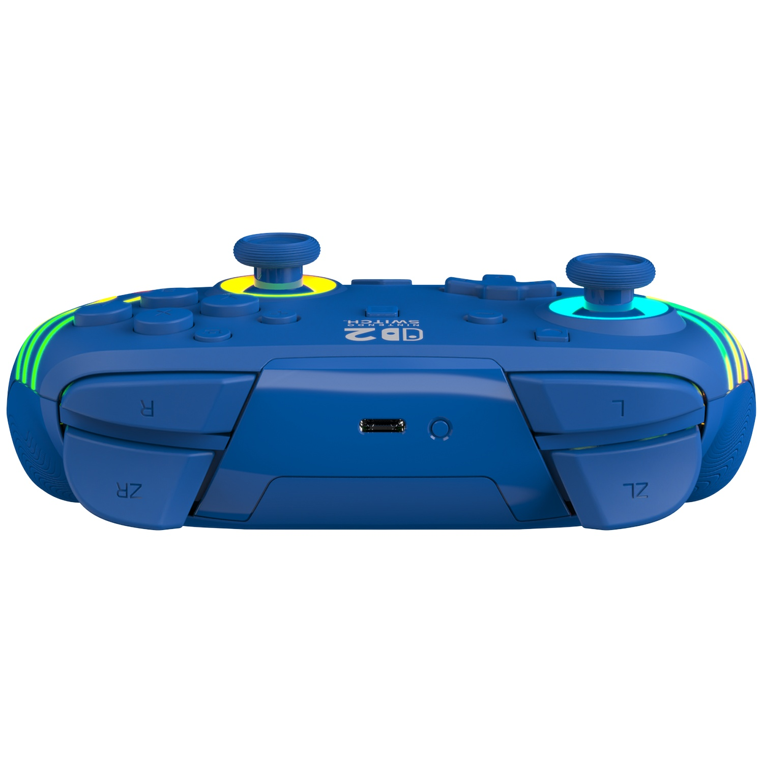 Une manette Nintendo Switch Pro bleue avec des accents lumineux jaunes et cyan.