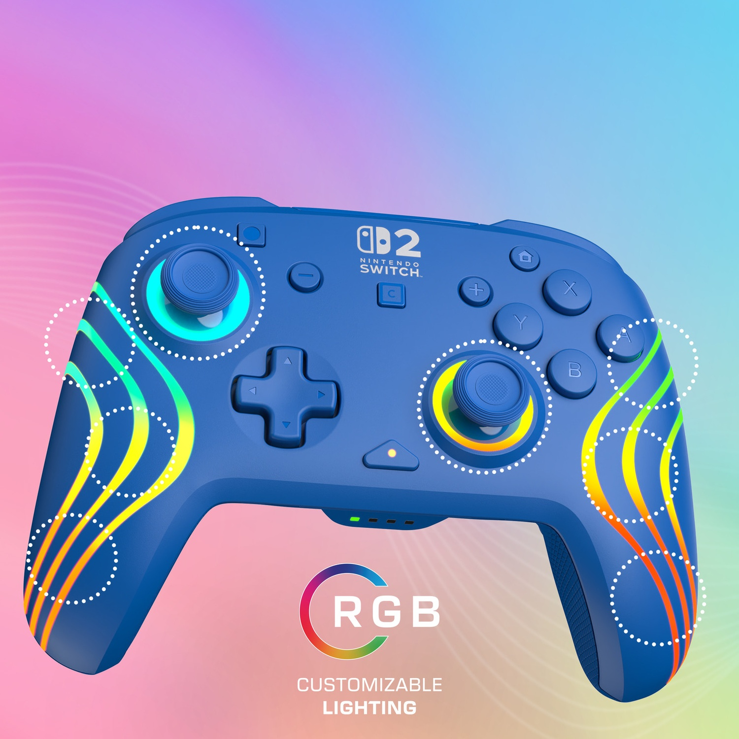 Manette bleue Nintendo Switch avec éclairage RVB et motif ondulé.