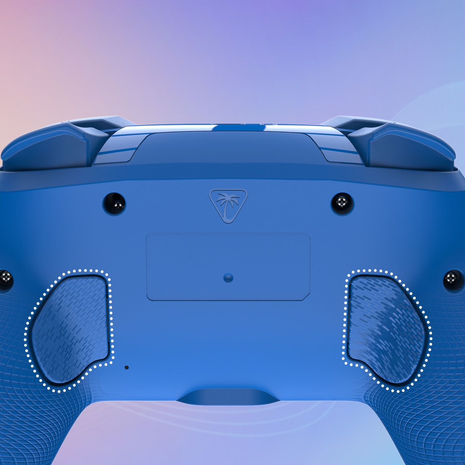Dos bleu de manette avec poignées texturées et logo palmier.