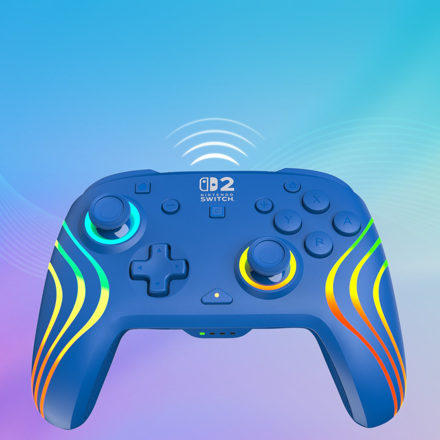 Manette bleue avec lumières colorées et logo Nintendo Switch.