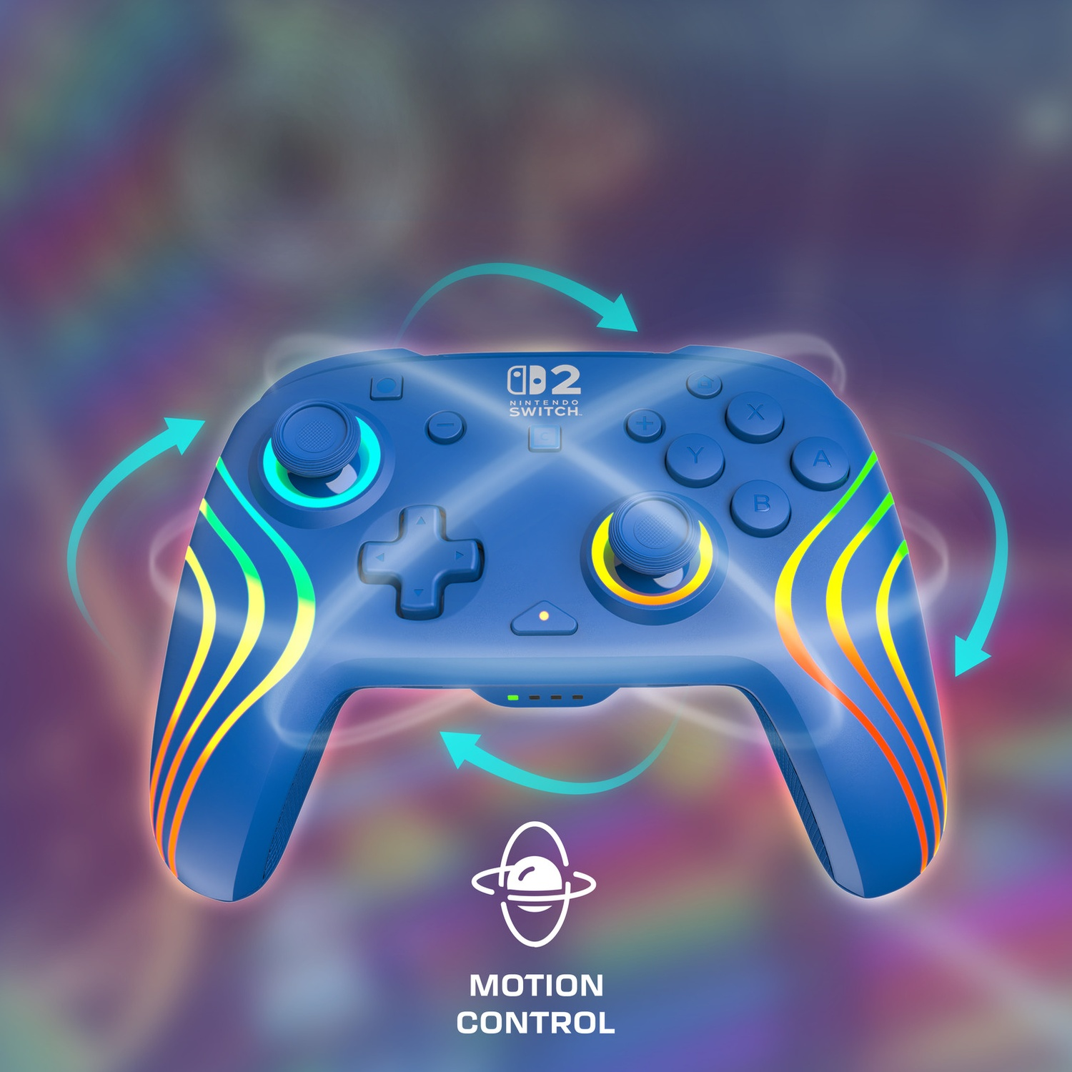 Une manette bleue Nintendo Switch avec des lumières colorées et des flèches de mouvement.