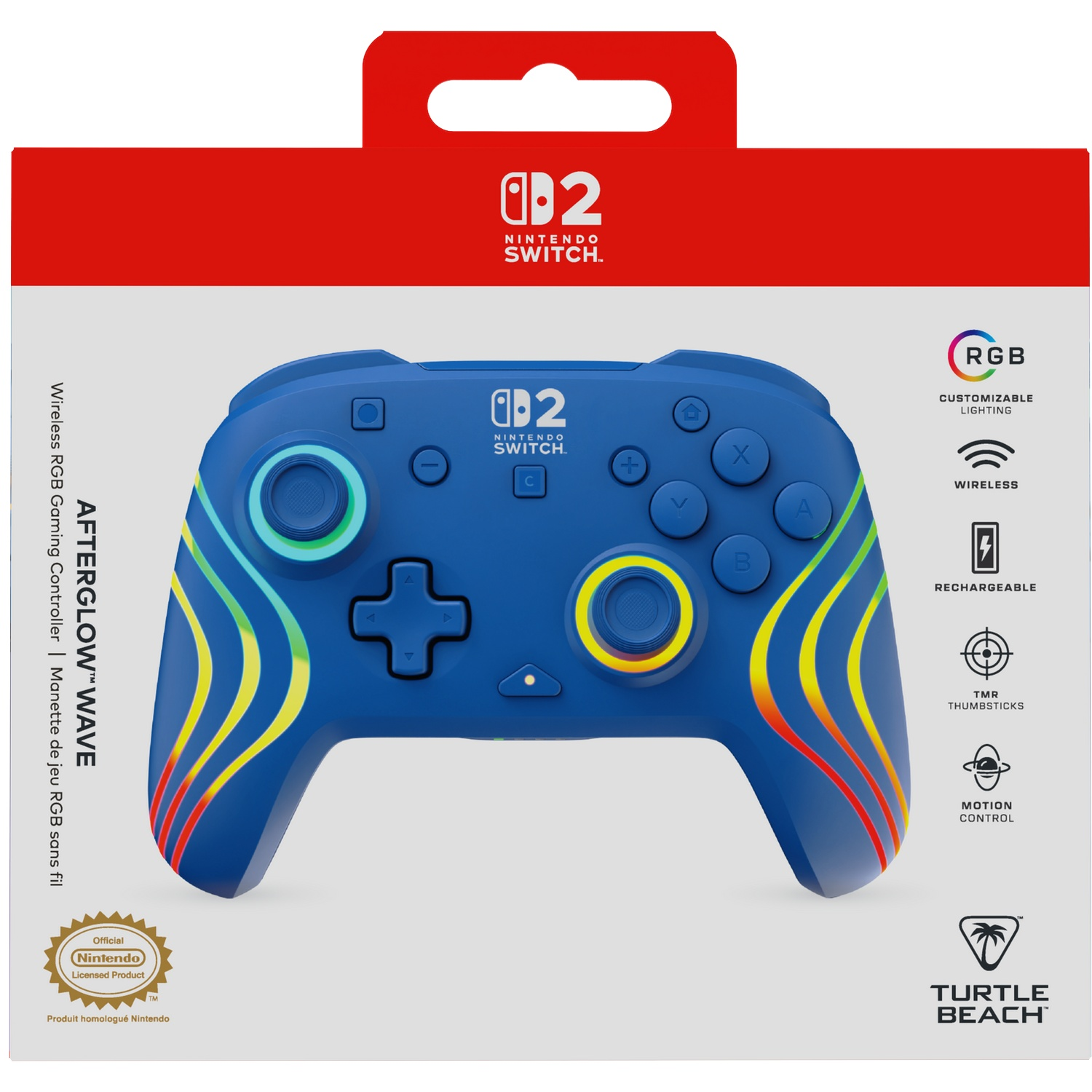Une manette bleue Nintendo Switch avec motif ondulé RVB et logo Nintendo.