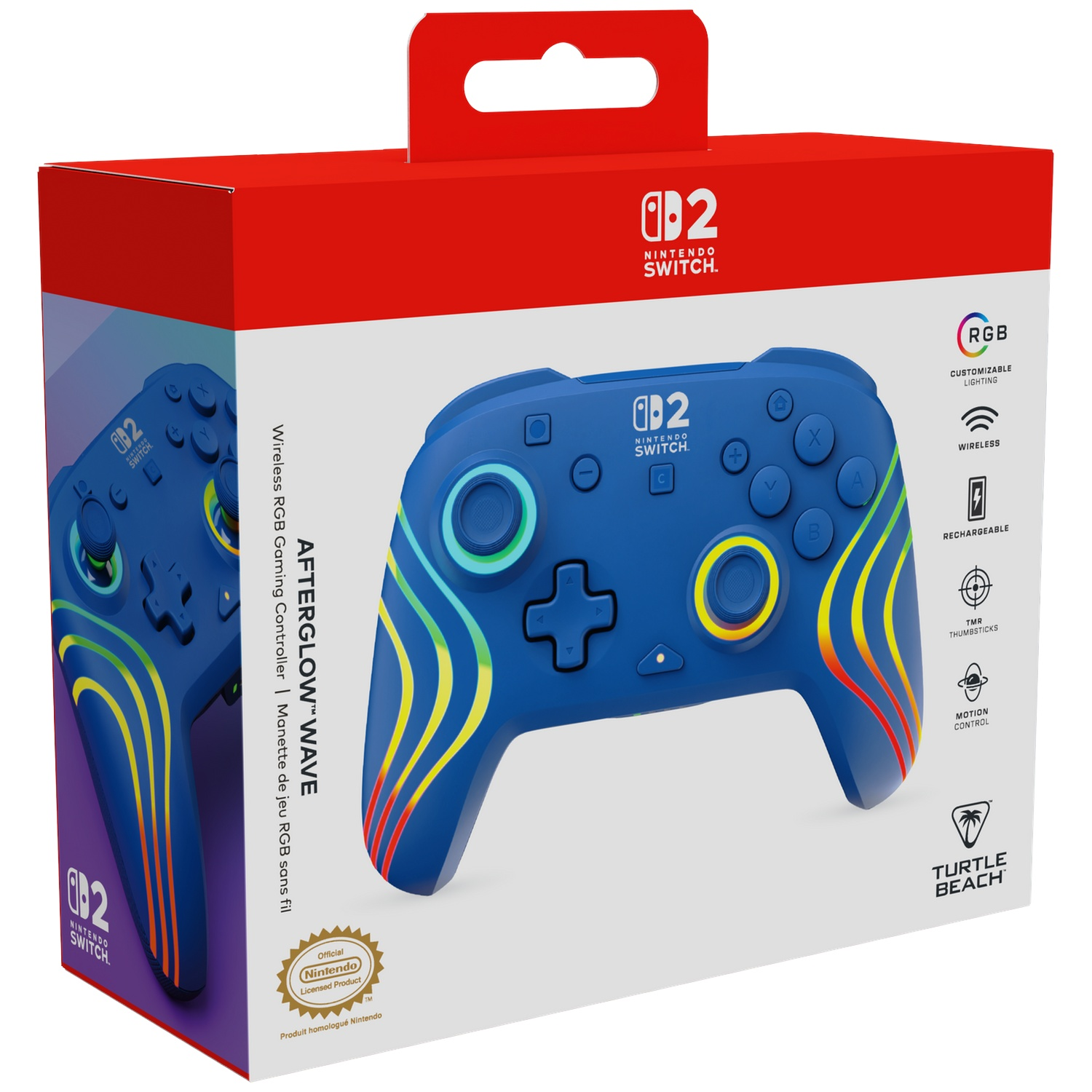Manette bleue Nintendo Switch avec des lignes ondulées colorées sur la boîte.