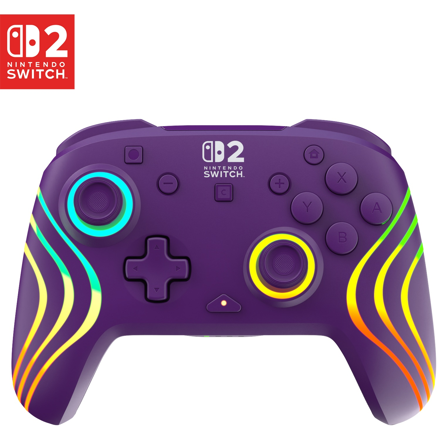 Manette violette Nintendo Switch avec accents lumineux colorés et logo.