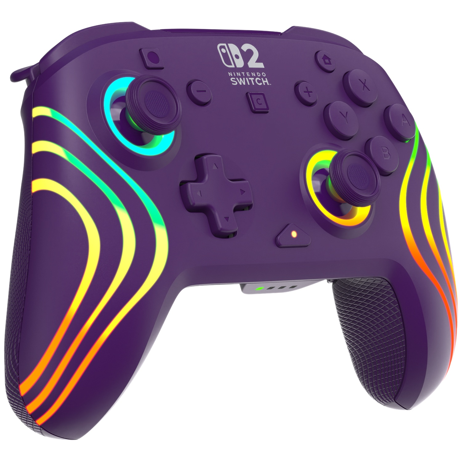 Manette violette Nintendo Switch avec des rayures courbes lumineuses colorées.