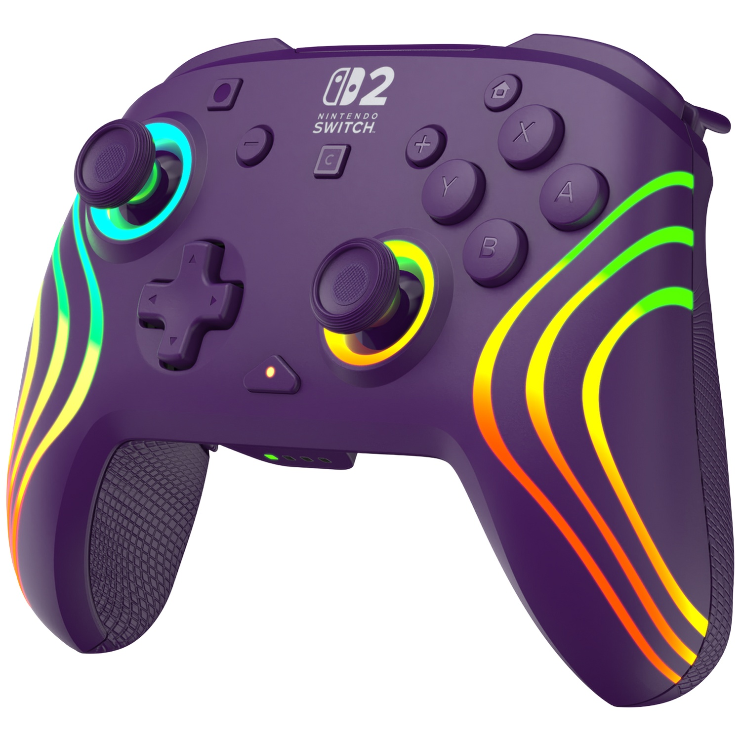 Une manette Pro Nintendo Switch violette avec des rayures lumineuses jaunes, oranges et vertes.