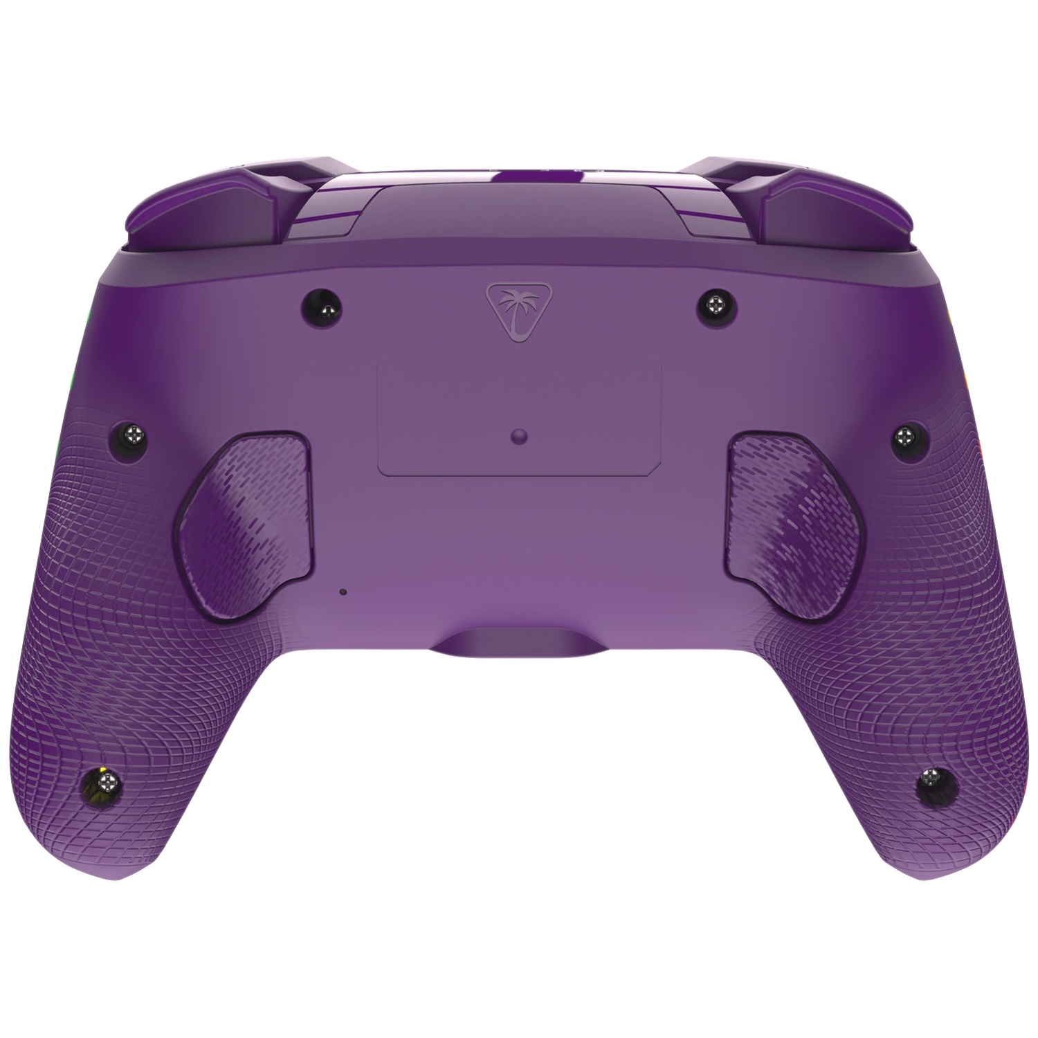 Dos de manette violette avec motif de grip et vis.