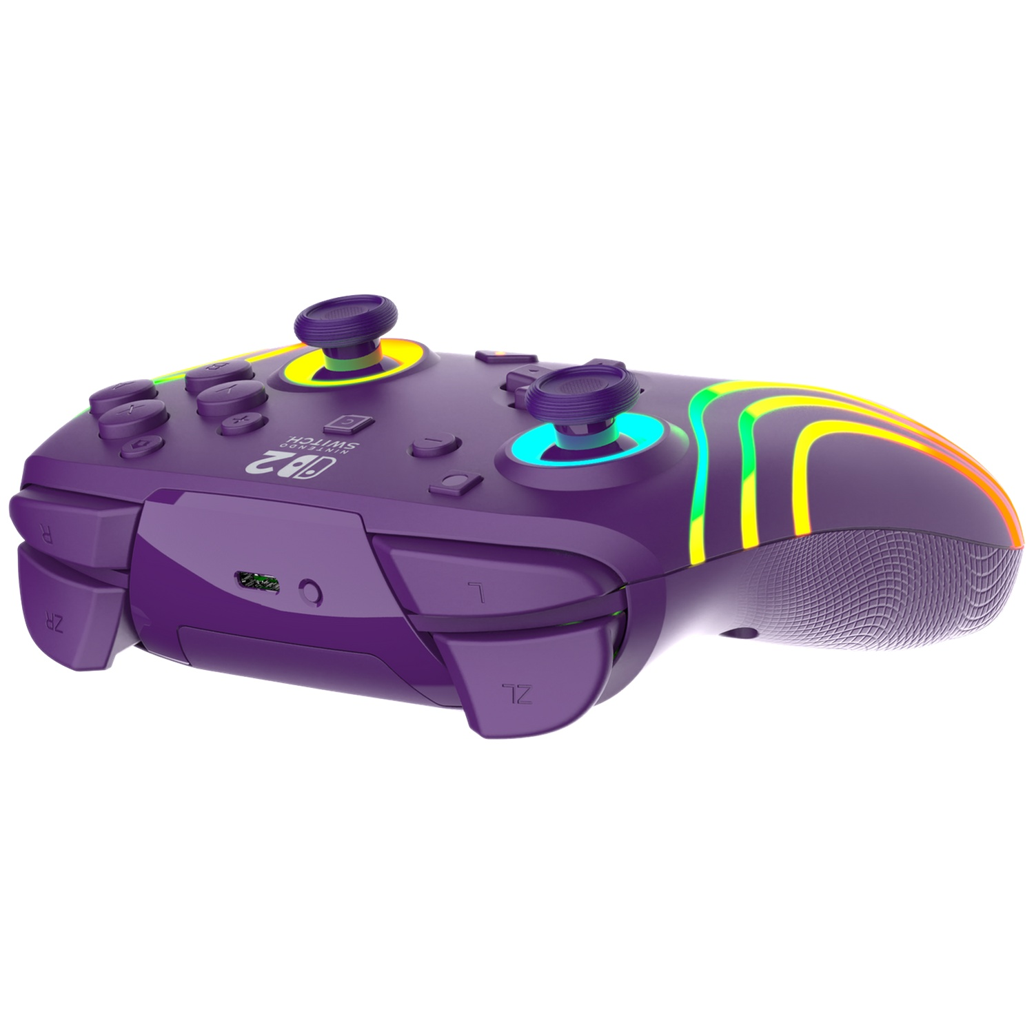 Une manette violette Nintendo Switch avec des bandes LED colorées et deux joysticks.