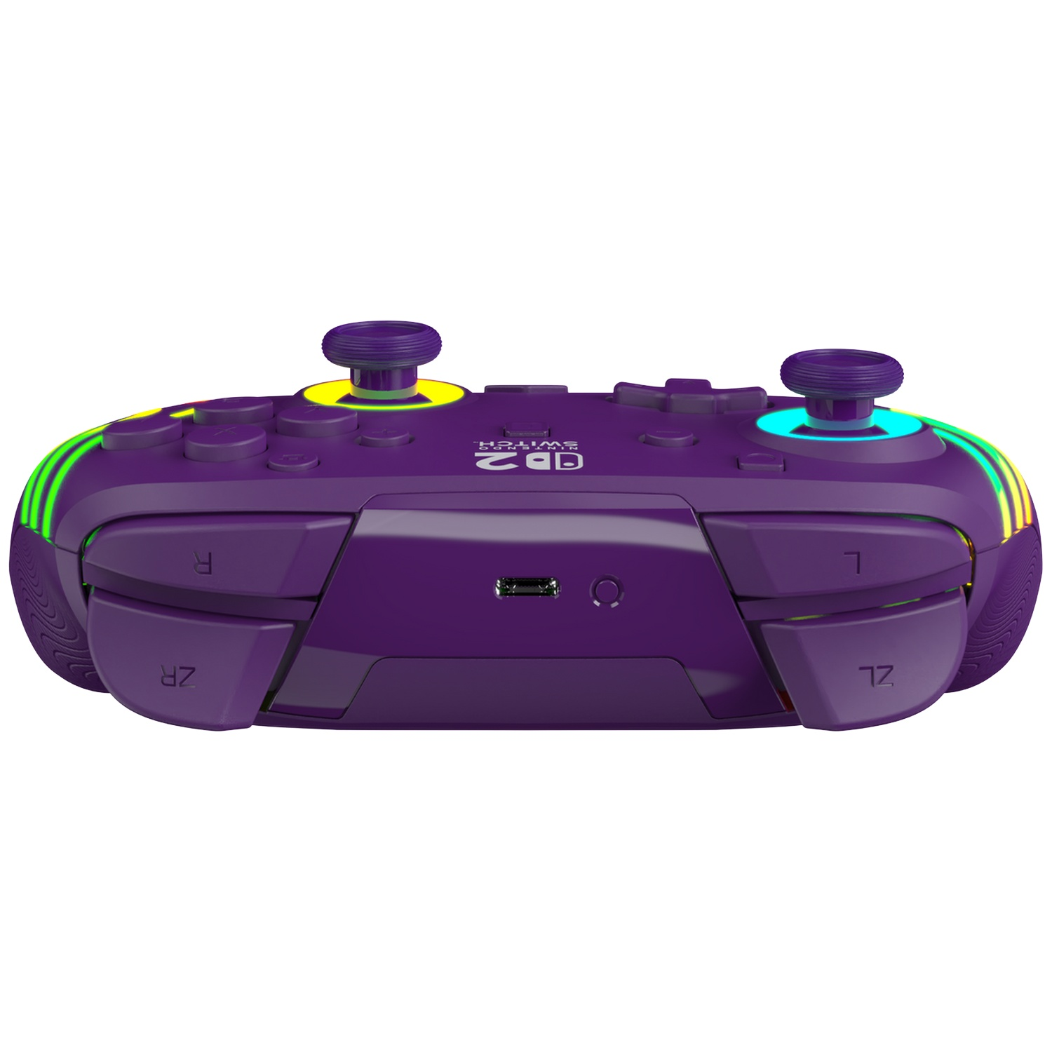 Manette violette avec accents lumineux, port USB-C et boutons.