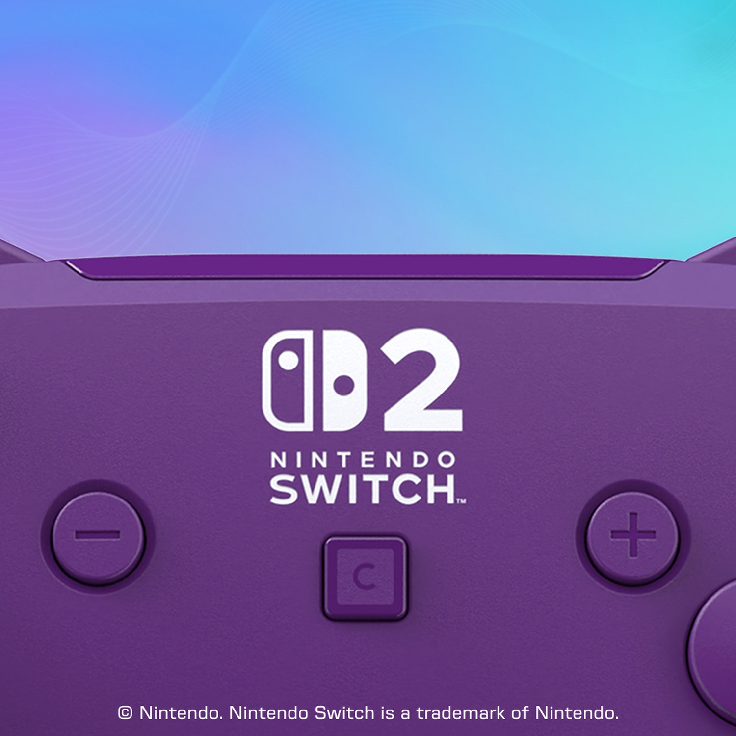 Manette violette Nintendo Switch avec logo, boutons et fond dégradé bleu.