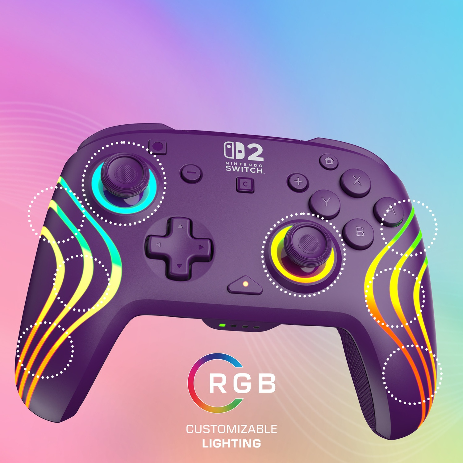 Manette violette Nintendo Switch avec éclairage RVB et motifs ondulés.