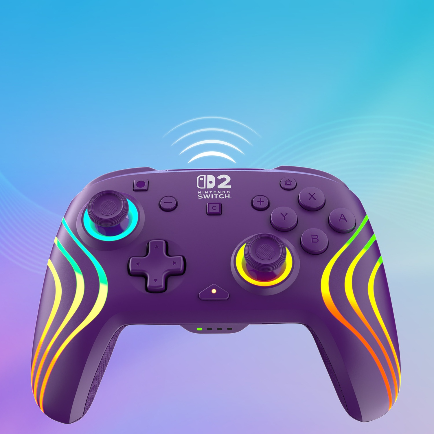 Une manette violette Nintendo Switch avec des rayures lumineuses colorées et une icône de signal sans fil.