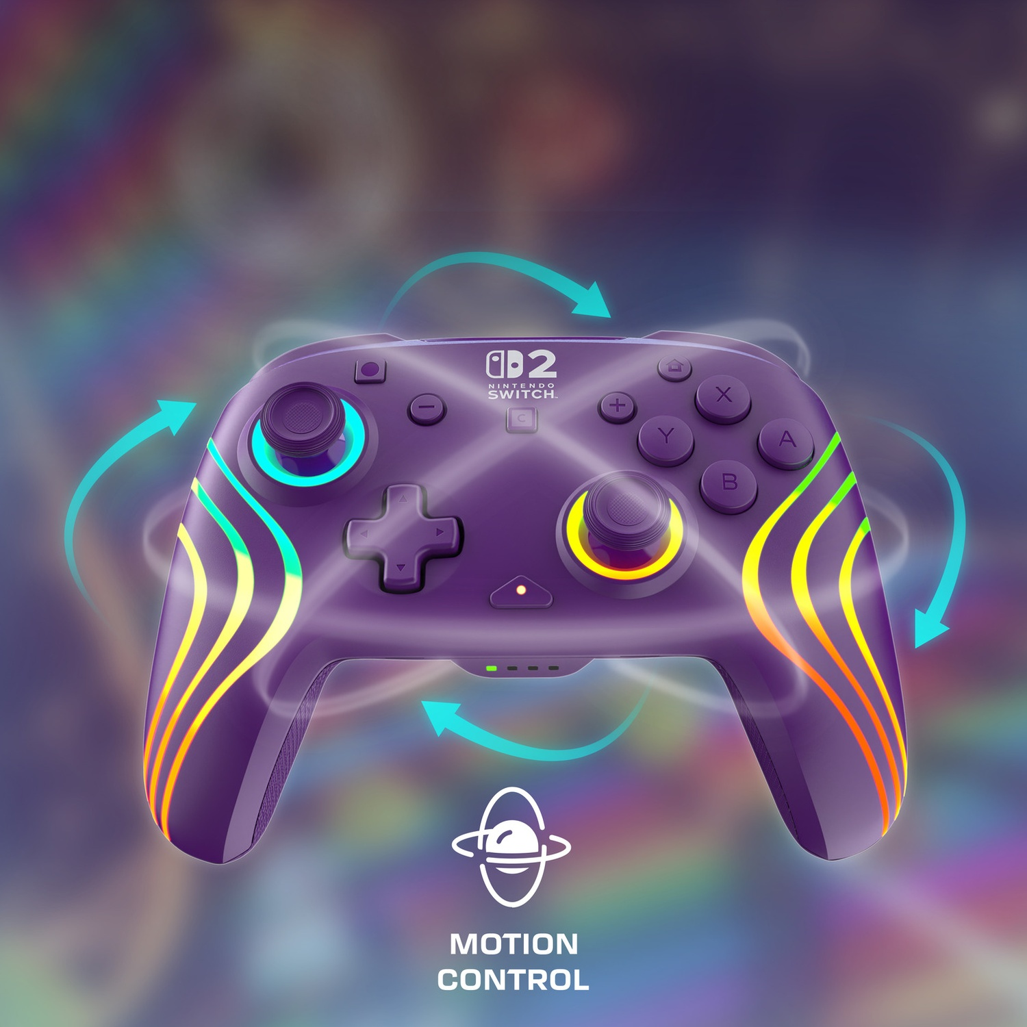 Manette violette Nintendo Switch avec lumières colorées et icône de contrôle de mouvement.