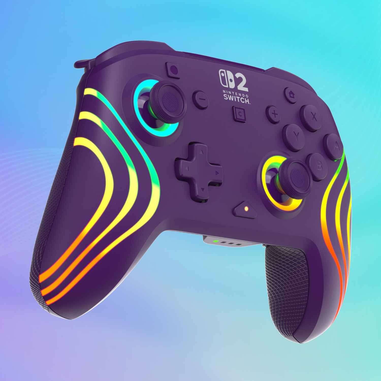 Manette violette Nintendo Switch avec rayures lumineuses colorées et boutons.