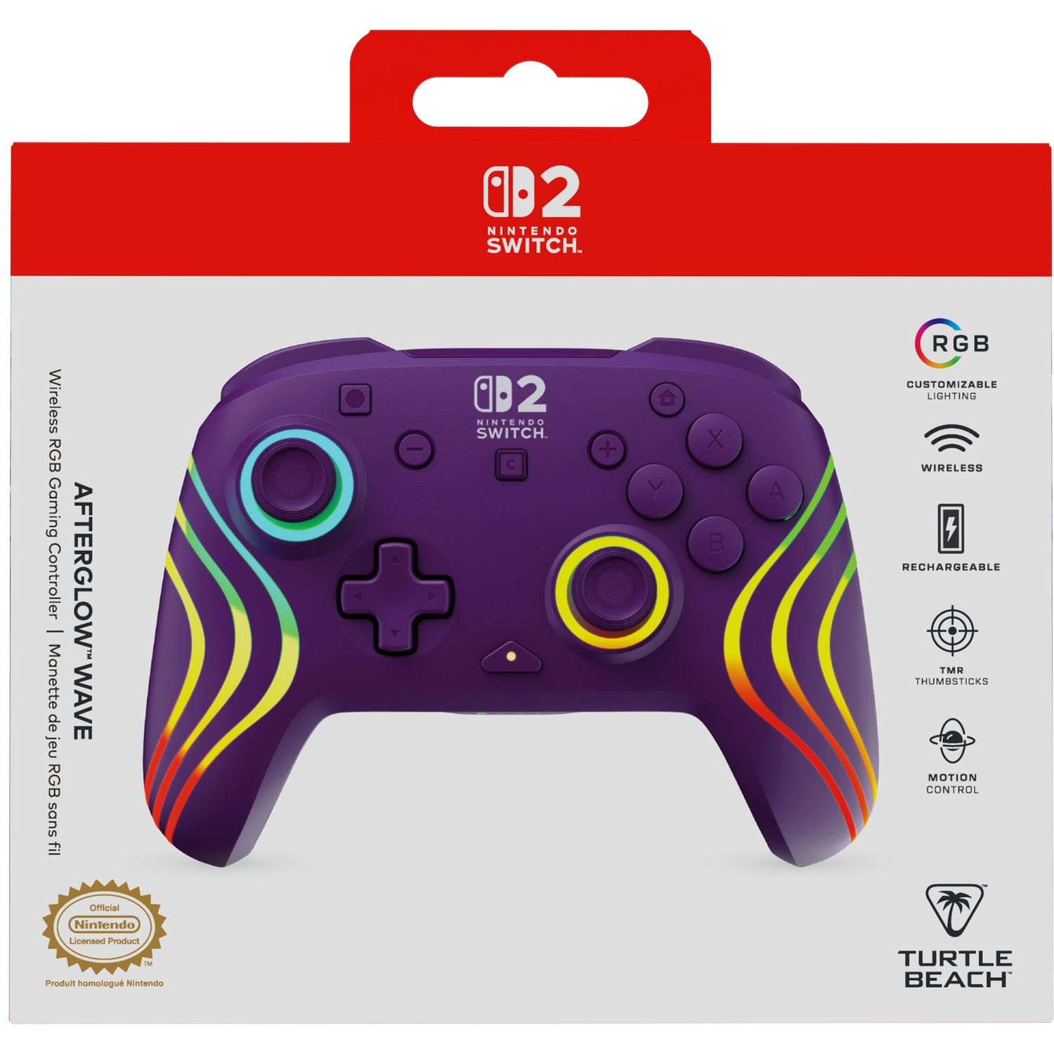 Manette violette Nintendo Switch "Afterglow Wave", éclairage RGB et motif ondulé.