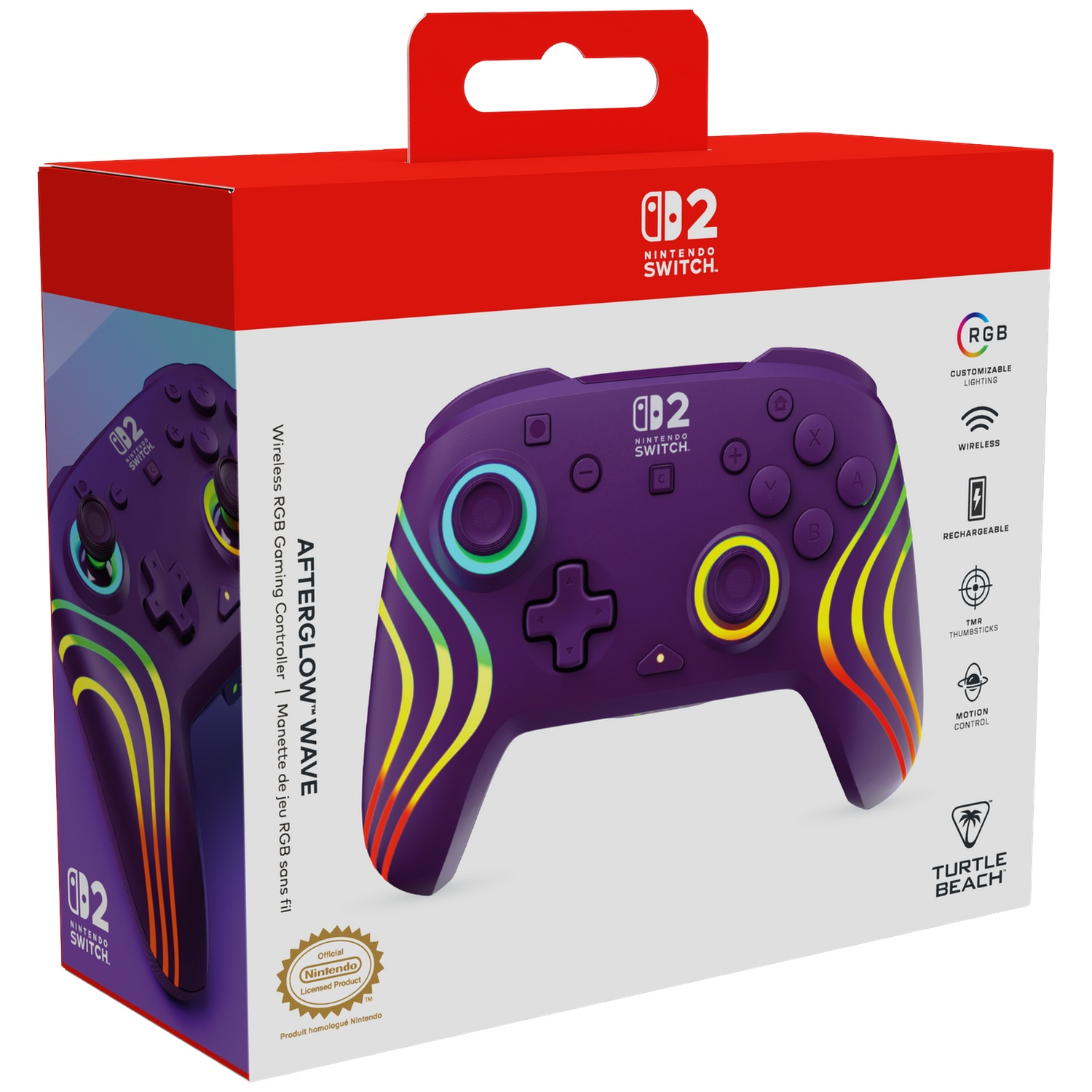 Manette violette Nintendo Switch avec motif ondulé RVB sur sa boîte.