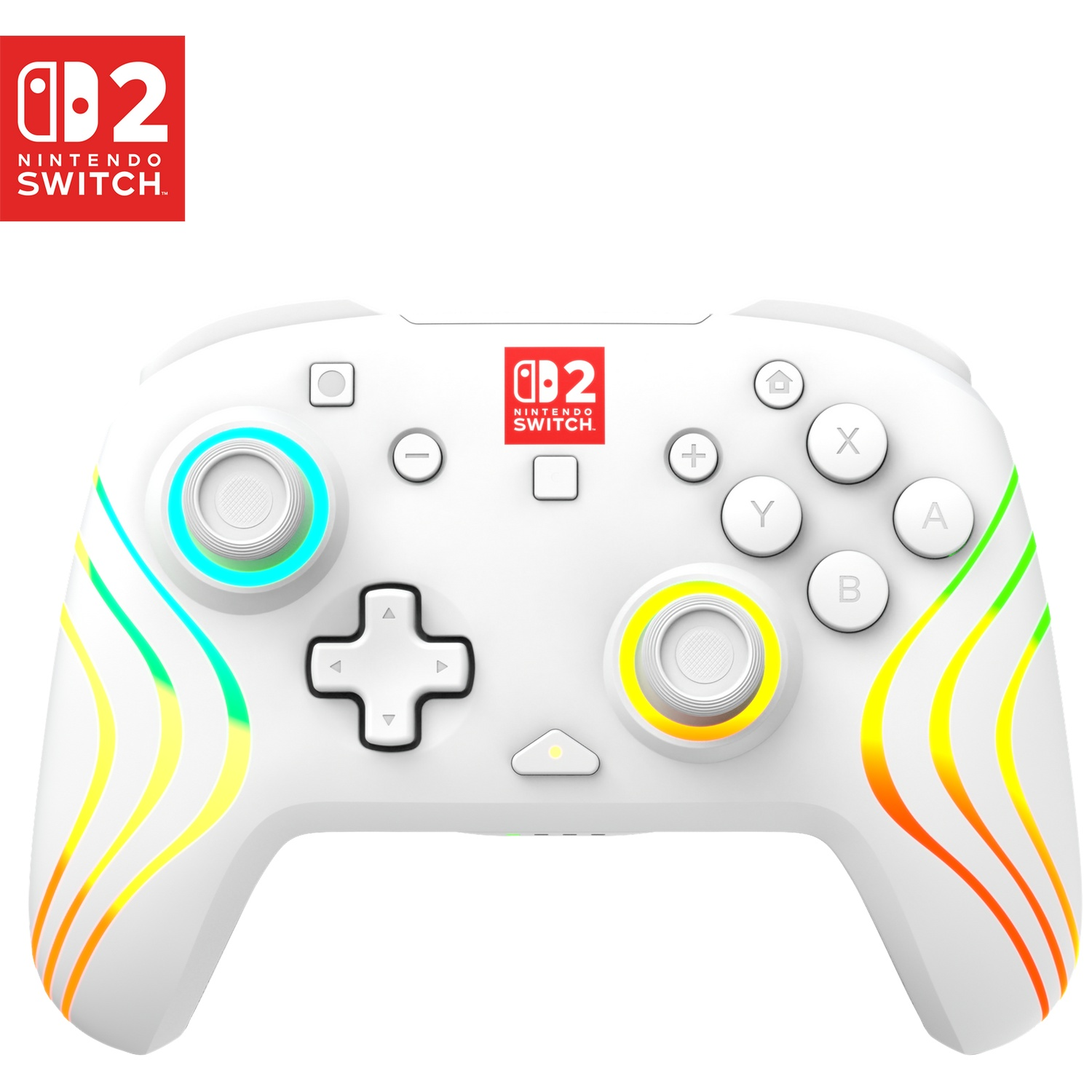 Une manette blanche Nintendo Switch Pro avec des arcs lumineux colorés et le logo Nintendo Switch.