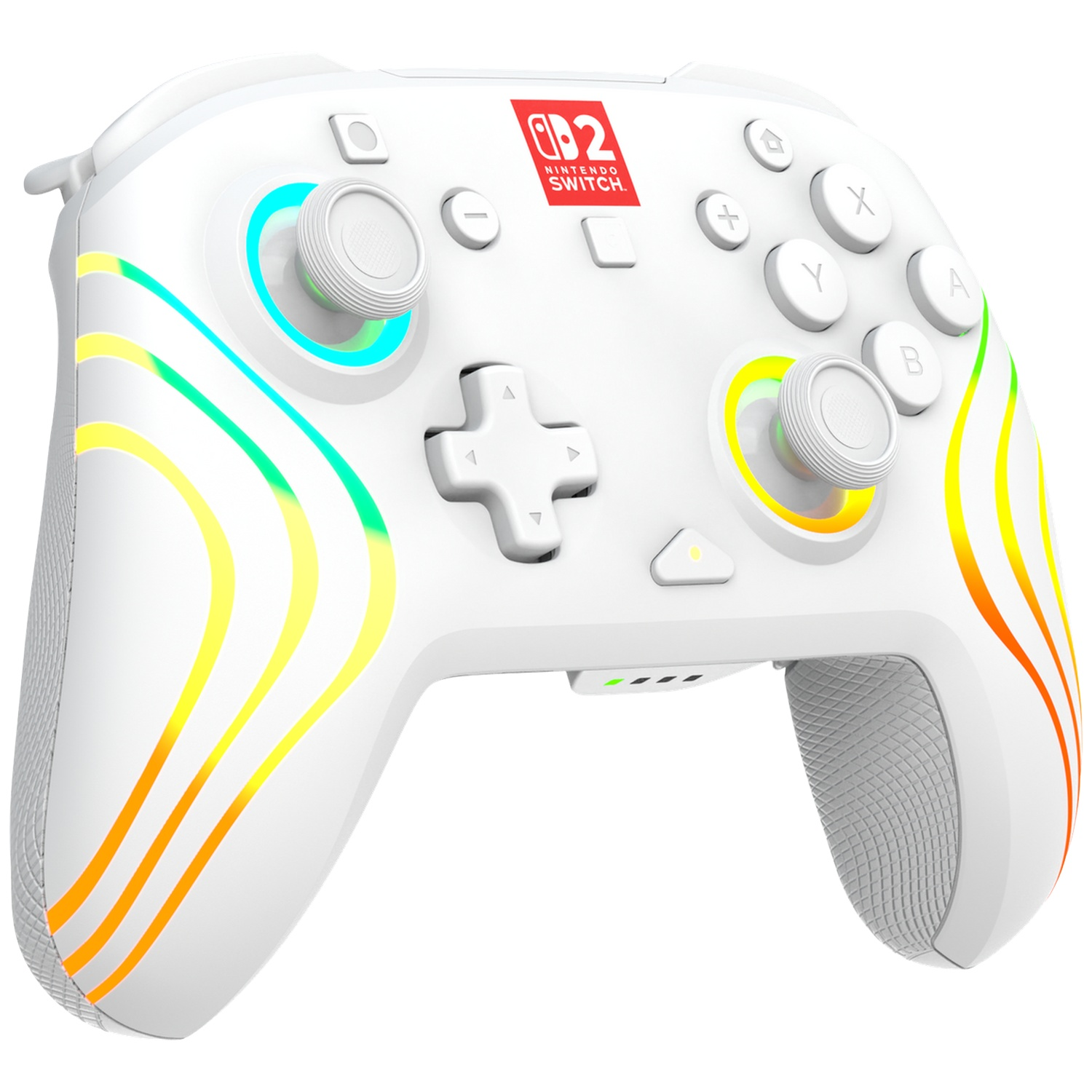 Une manette blanche Nintendo Switch avec des arcs lumineux colorés et un logo rouge Nintendo Switch.