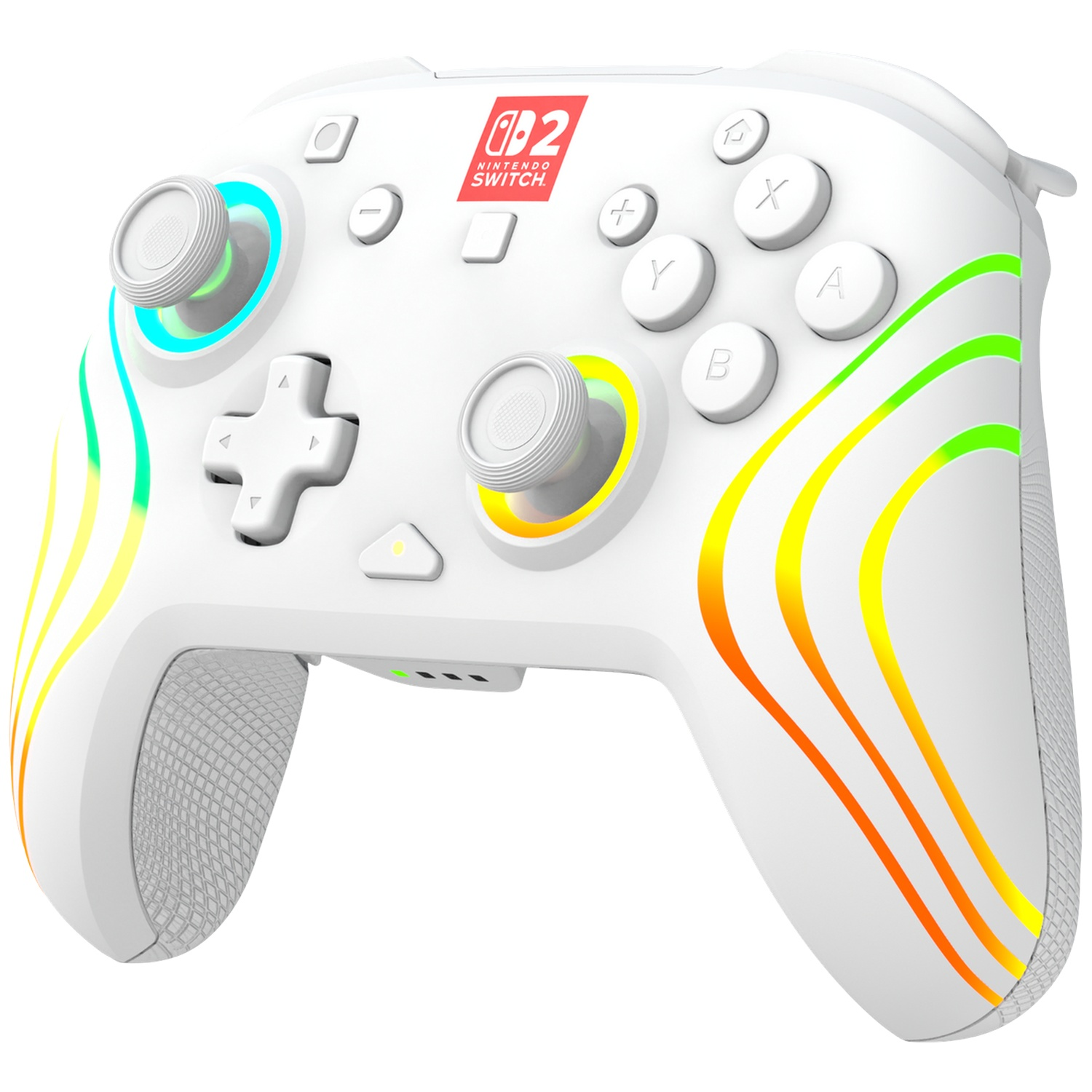 Une manette blanche Nintendo Switch avec des accents lumineux colorés et le logo Nintendo Switch.