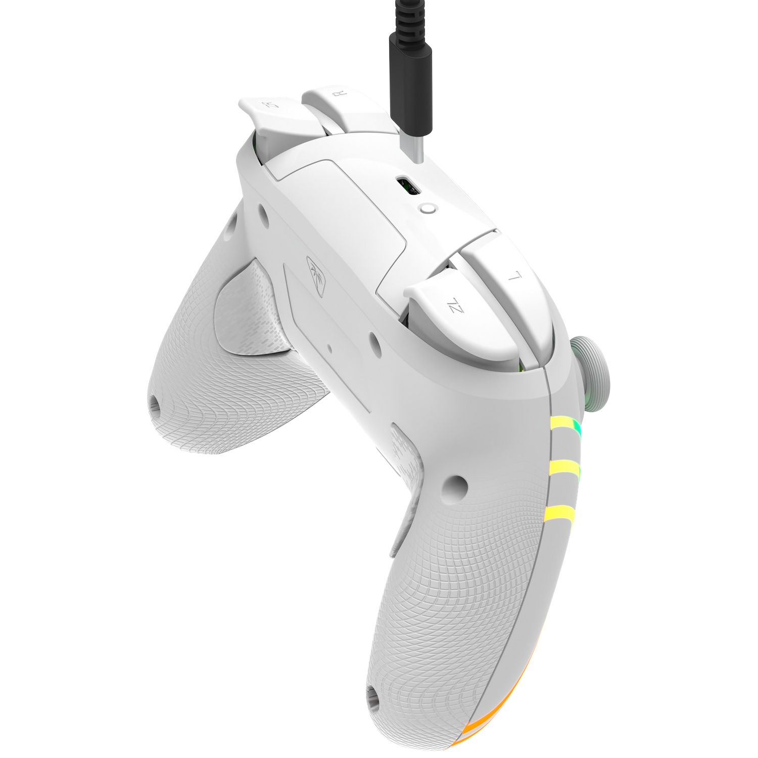 Une manette de jeu blanche avec câble USB noir, boutons L/R et indicateurs LED.
