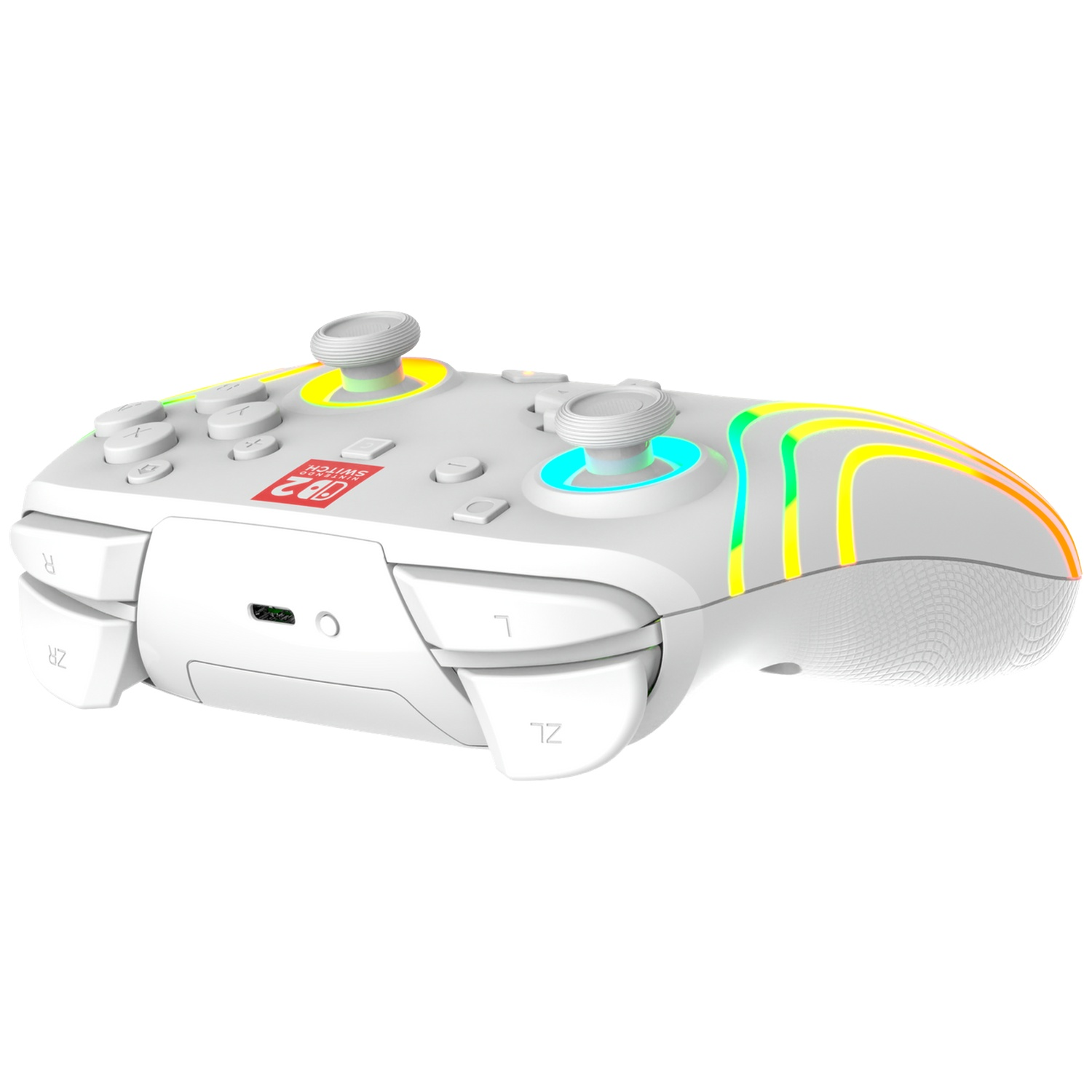 Une manette blanche Nintendo Switch avec lumières et joysticks colorés.