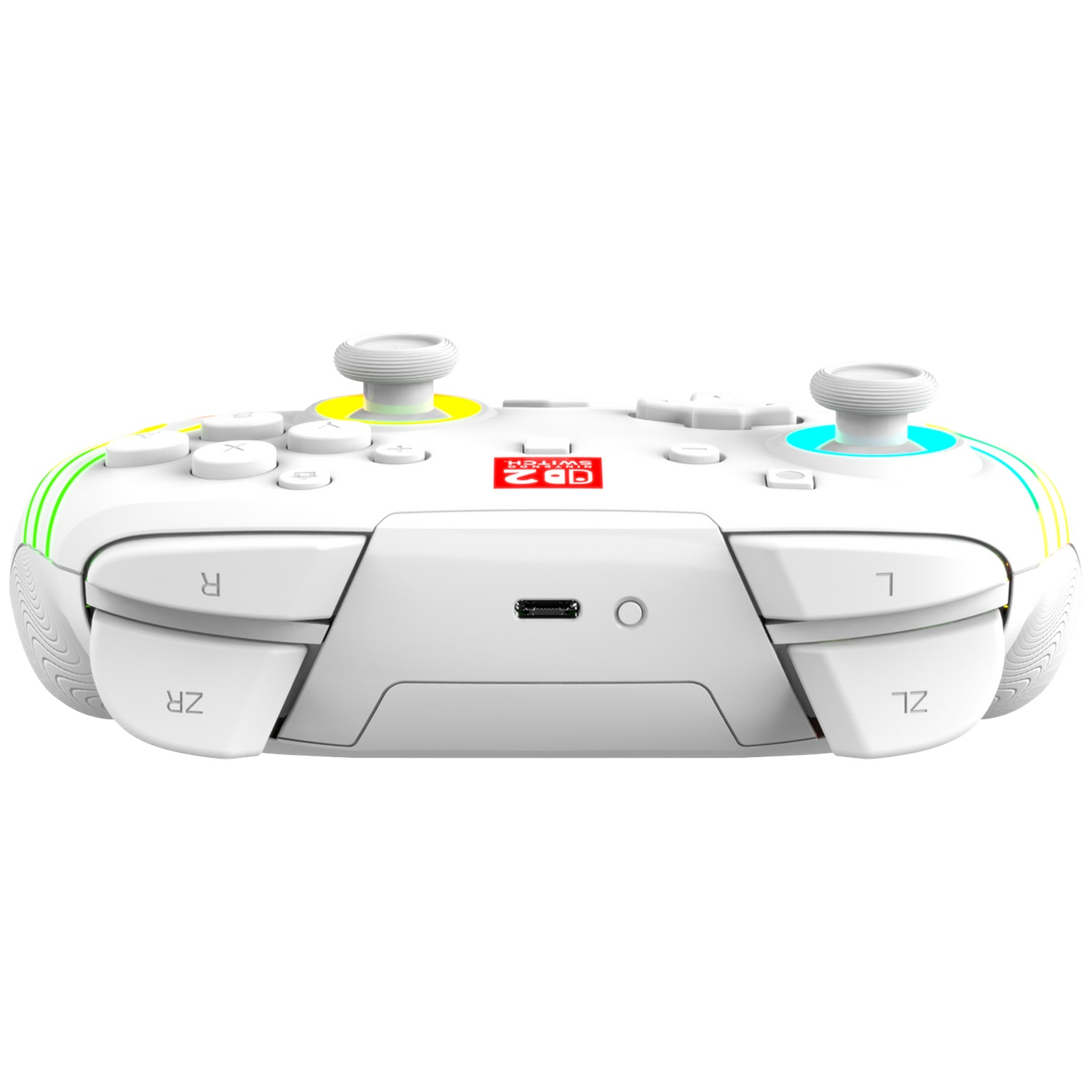 Une manette de jeu blanche avec des accents jaunes et bleus sur les joysticks.