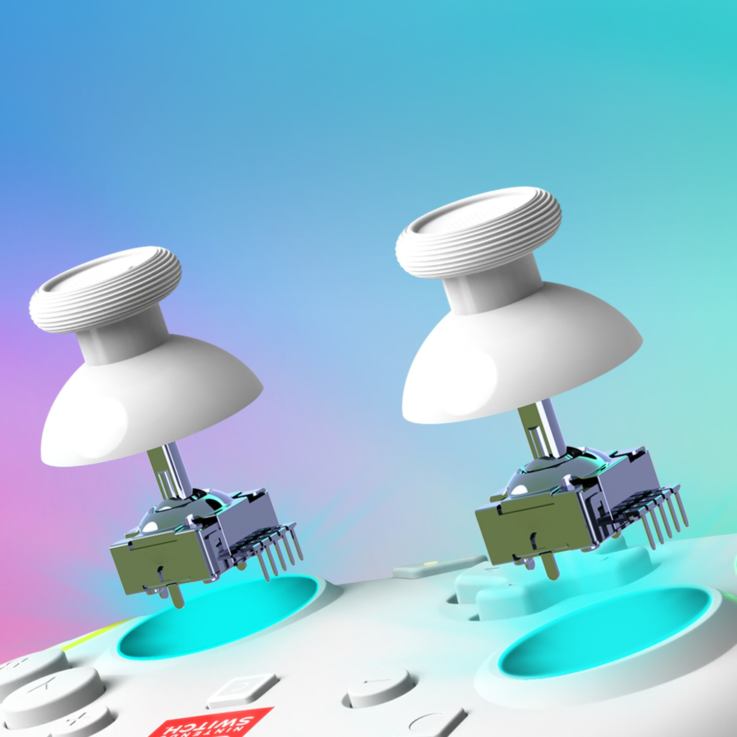 Deux modules de joystick blancs avec composants métalliques argentés et broches sur une manette blanche.