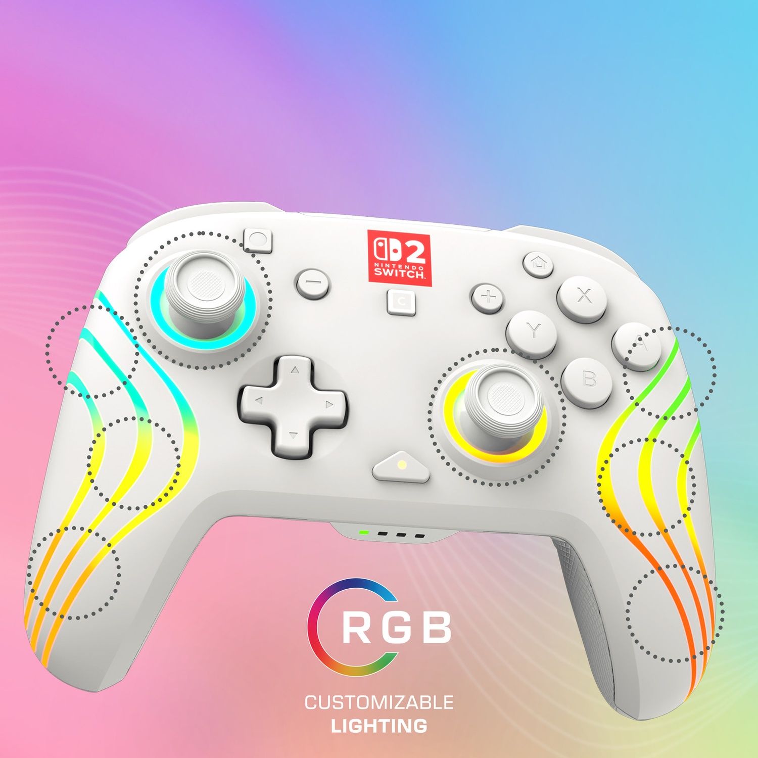 Manette blanche Nintendo Switch avec éclairage RGB.