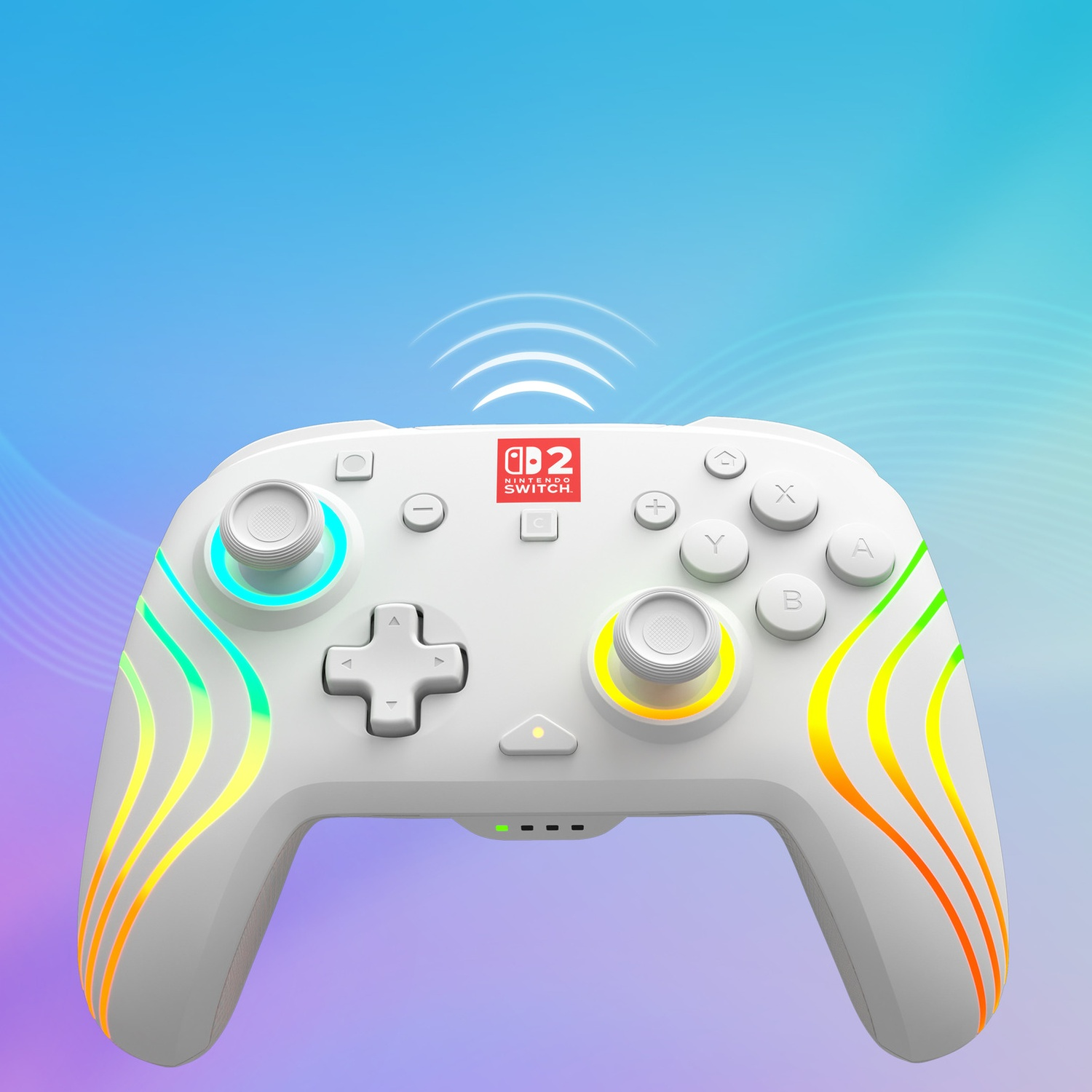 Une manette blanche Nintendo Switch avec lumières colorées et motifs ondulés.