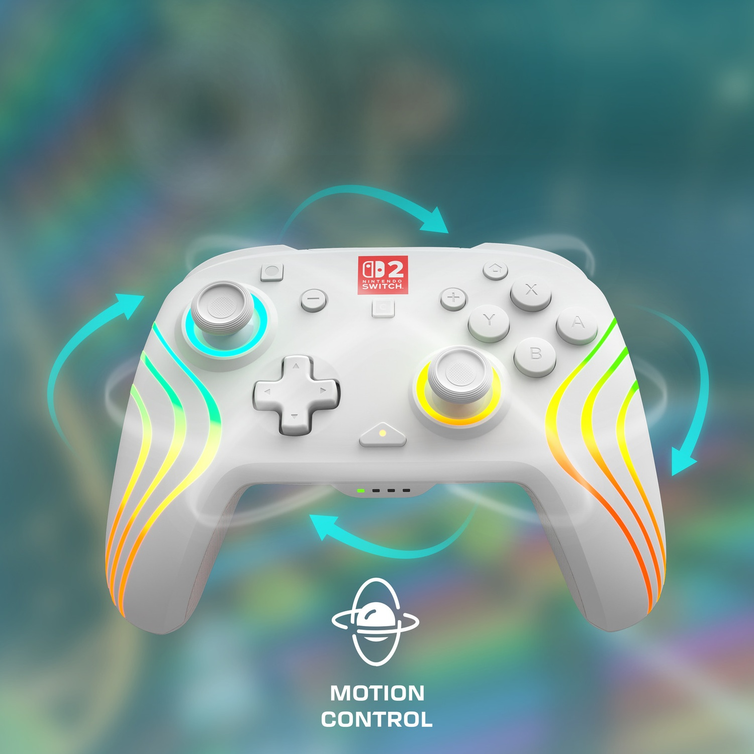 Une manette blanche Nintendo Switch avec lumières colorées et flèches.