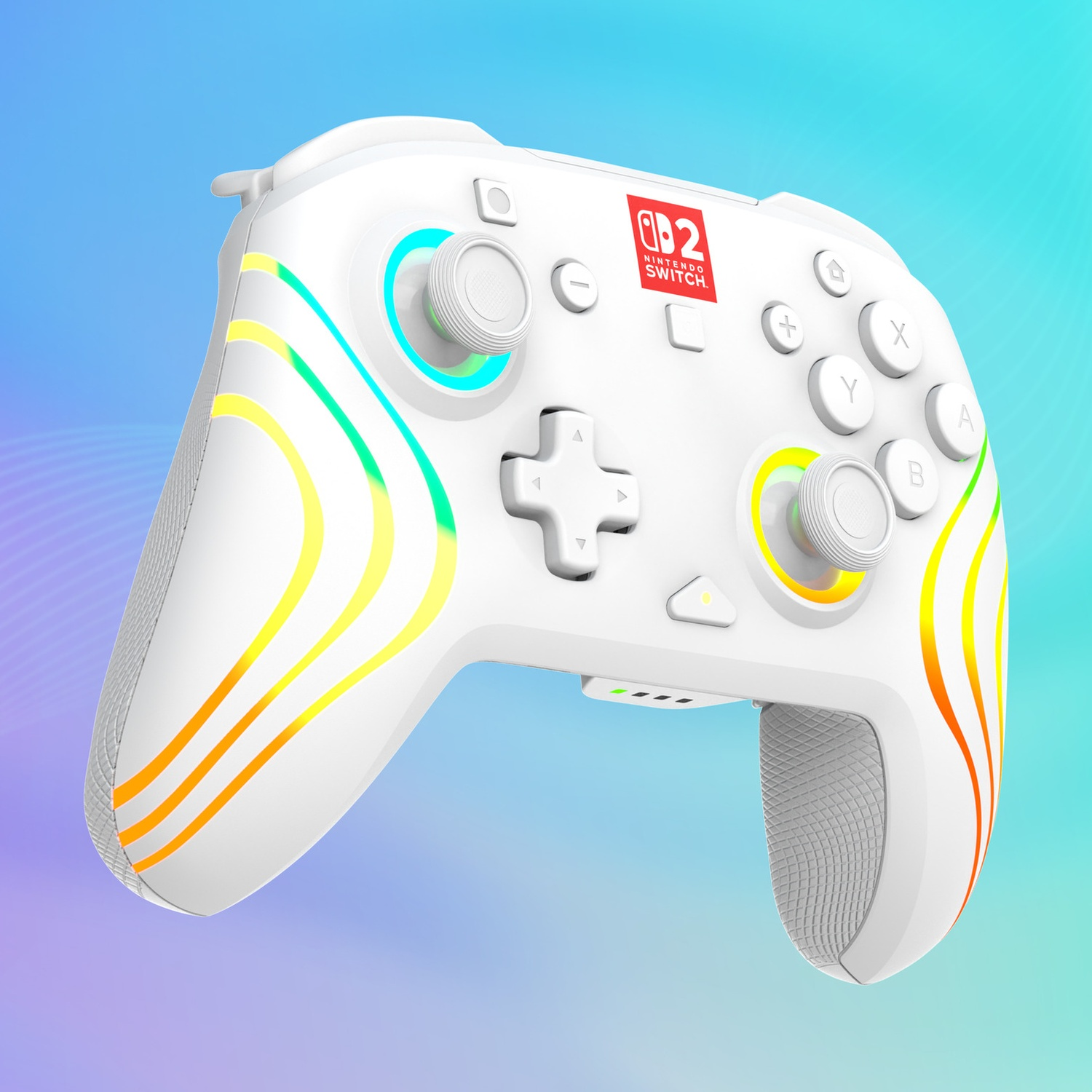 Une manette blanche Nintendo Switch avec des accents lumineux colorés et le logo Switch 2.