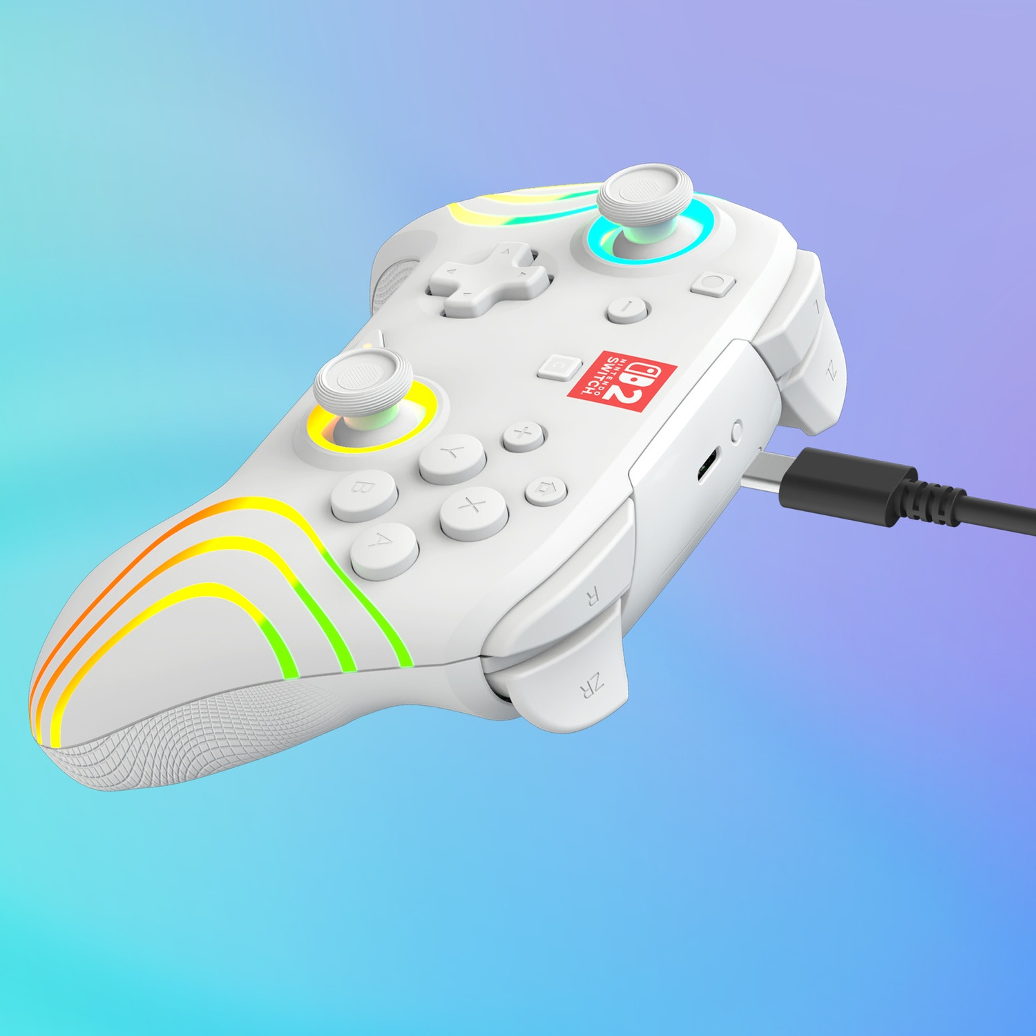 Une manette blanche avec des rayures colorées et un câble USB-C.