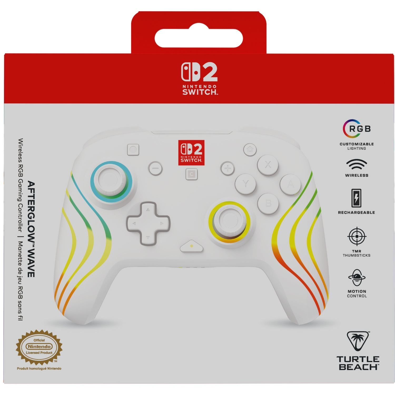 Boîte blanche de manette Nintendo Switch avec design ondulé RGB et logo Turtle Beach.
